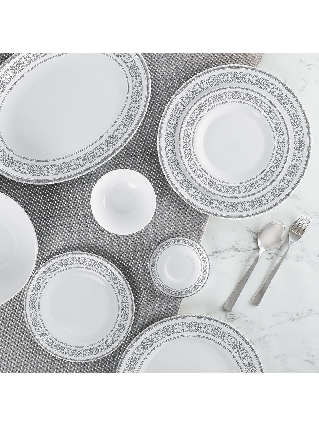 Cello Greek Silver Ariana Series 29 Pcs White & Grey Printed Opalware Glossy Dinner Set
Cello Greek Silver Ariana Series 29 Pcs White & Grey Printed Opalware Glossy Dinner Set