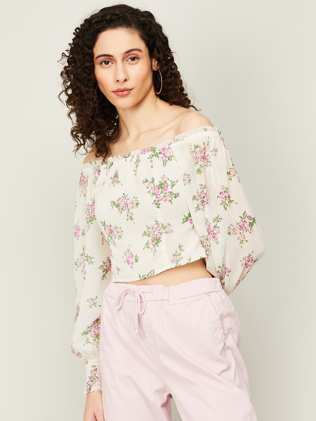 CODE by Lifestyle Floral Print Off-Shoulder Smocked Puff Sleeves Bardot Crop Top, Off white
CODE by Lifestyle Floral Print Off-Shoulder Smocked Puff Sleeves Bardot Crop Top, Off white
