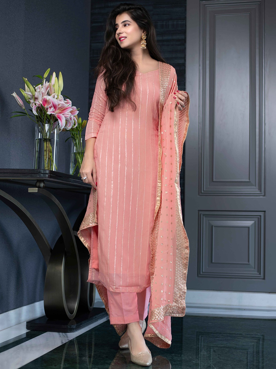 Label Shaurya Sanadhya Striped Chanderi Silk Sequined Kurta with Trousers & With Dupatta, Peach
Label Shaurya Sanadhya Striped Chanderi Silk Sequined Kurta with Trousers & With Dupatta, Peach