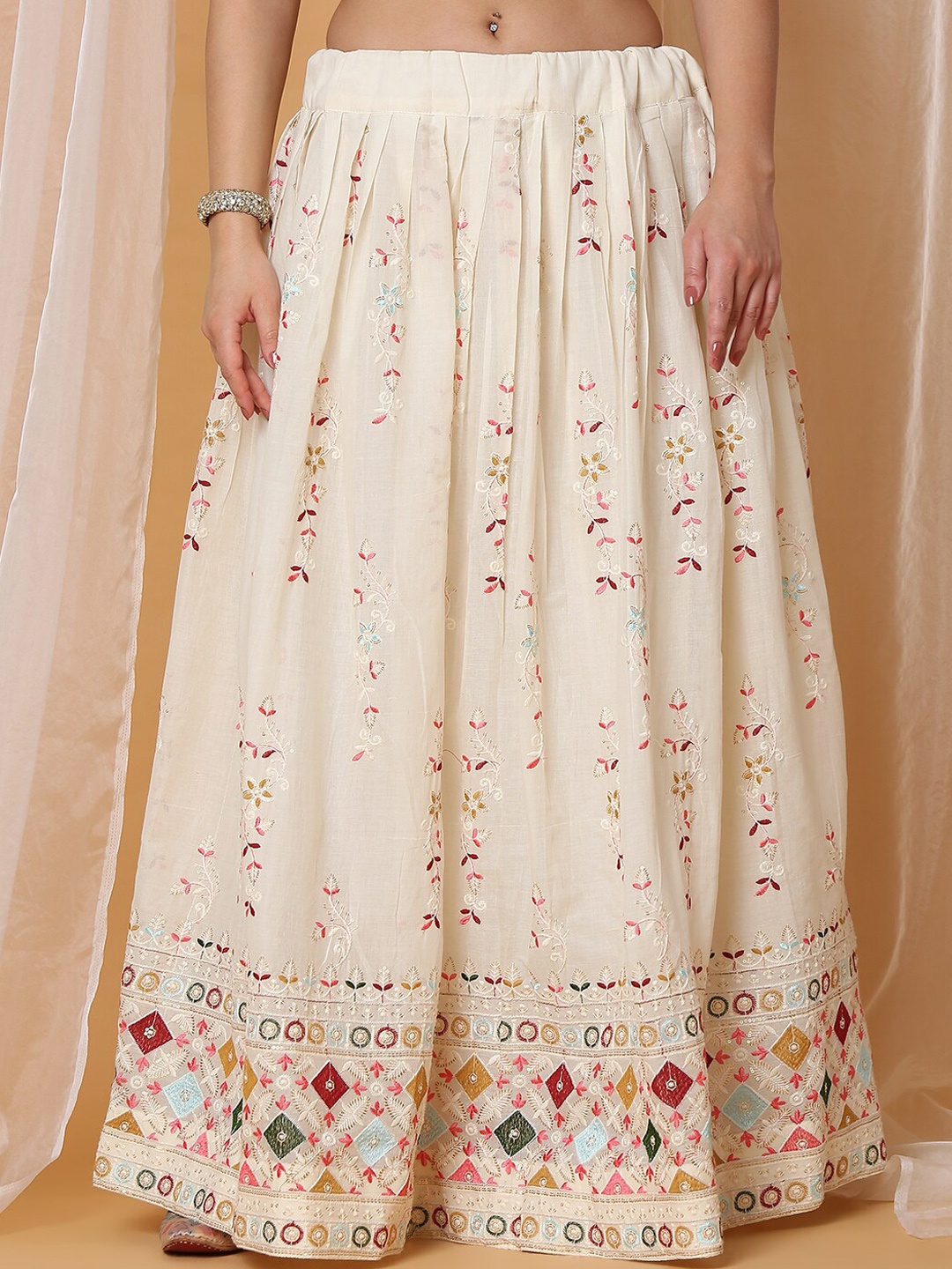 SALWAR STUDIO Embroidered Flared Cotton Maxi Skirt, Cream