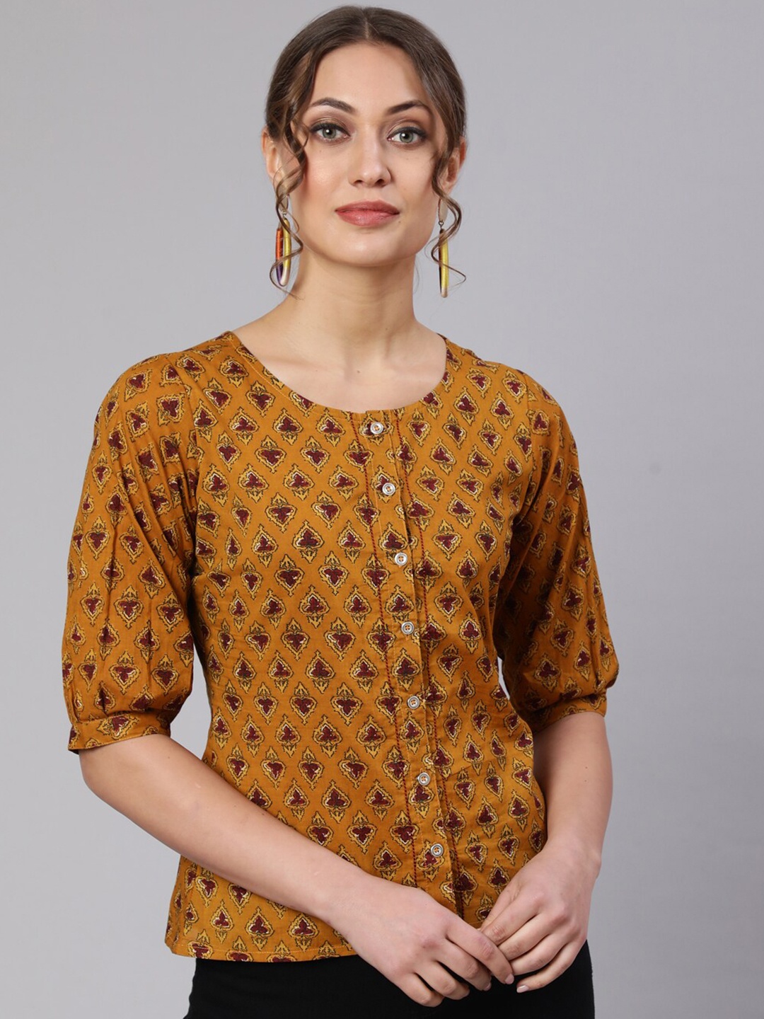 THE NKS PLUS Floral Print Puff Sleeves Cotton Top, Mustard