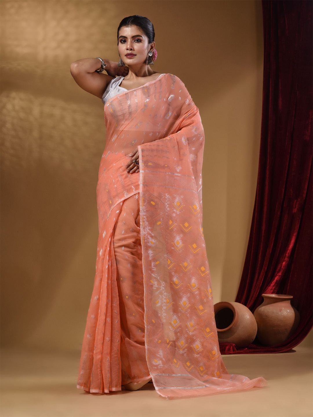 Arhi Woven Design Zari Silk Cotton Jamdani Saree, Peach