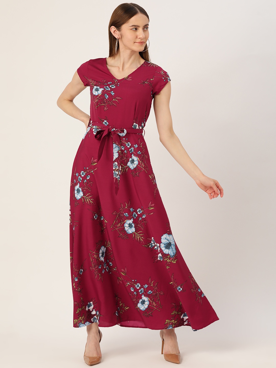 Deewa Floral Crepe A-Line Maxi Dress, Maroon