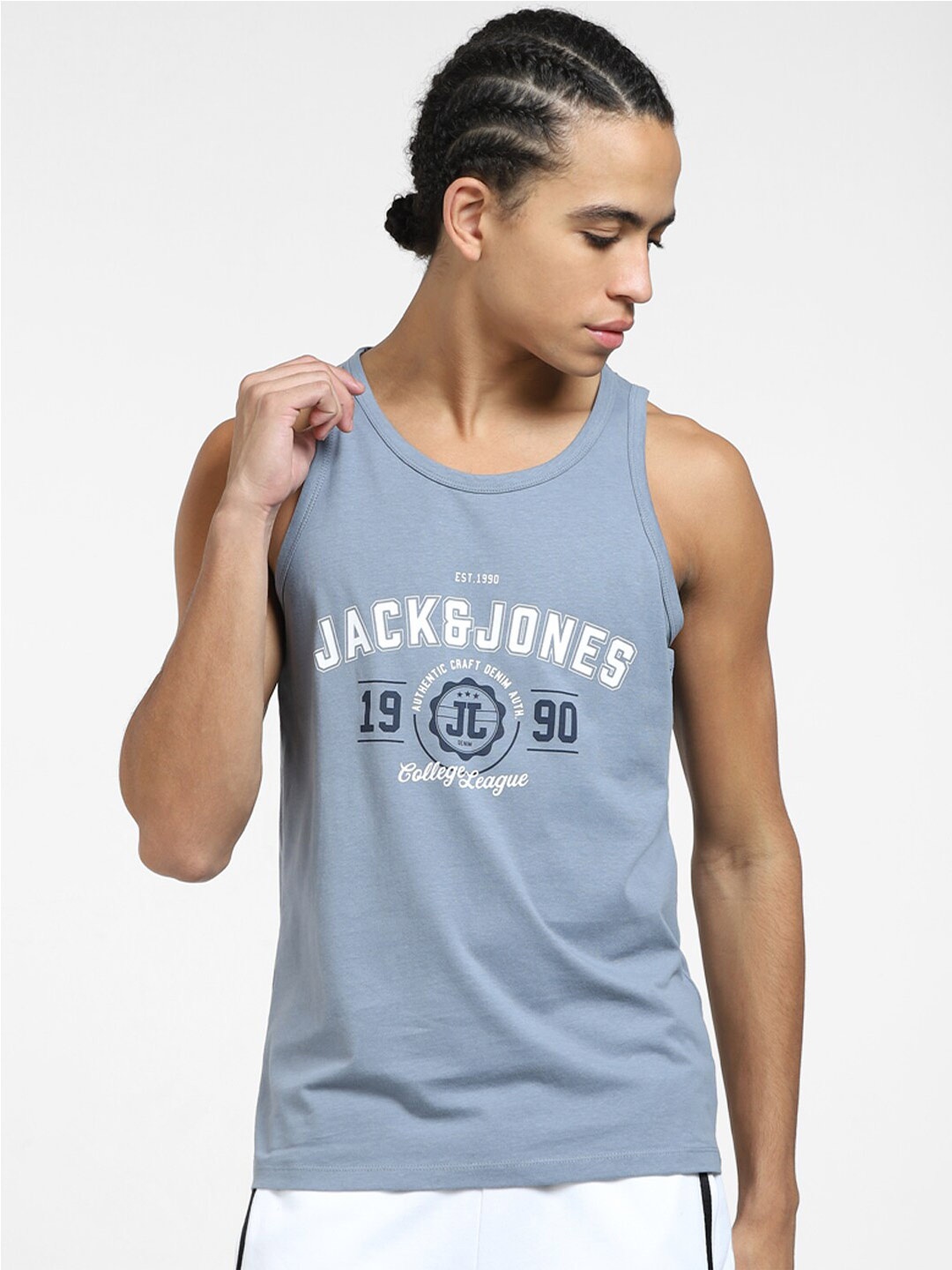 Jack & Jones Typography Printed Cotton Slim Fit T-shirt, Grey