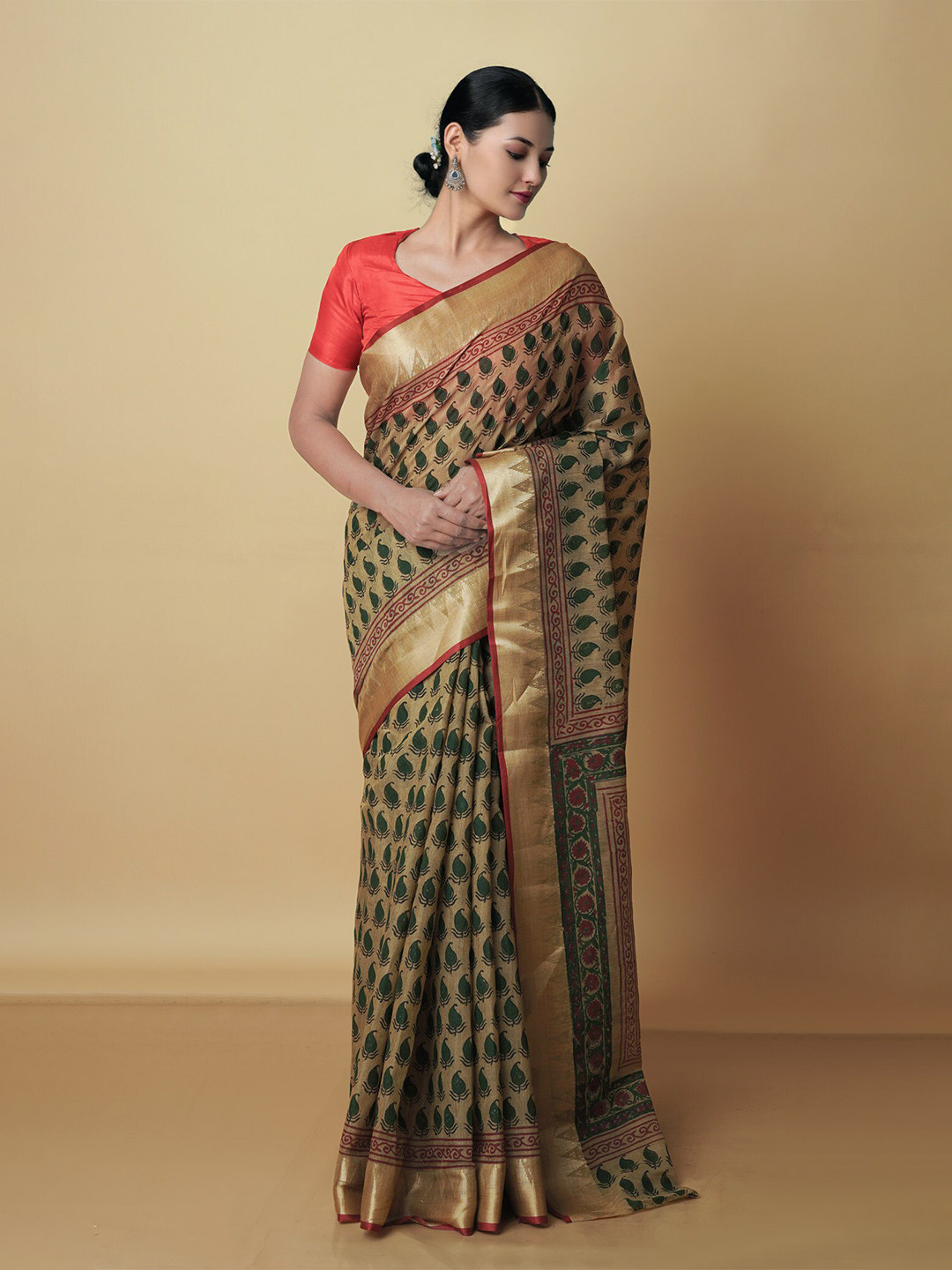 Unnati Silks Paisley Printed Zari Silk Cotton Chanderi Saree, Khaki
Unnati Silks Paisley Printed Zari Silk Cotton Chanderi Saree, Khaki