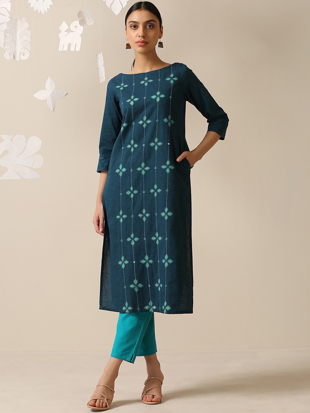 OKHAI Geometric Printed Cotton Thread Work Kurta, Blue