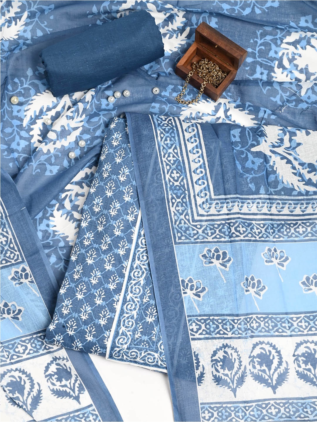 Meena Bazaar Printed Pure Cotton Unstitched Dress Material, Blue