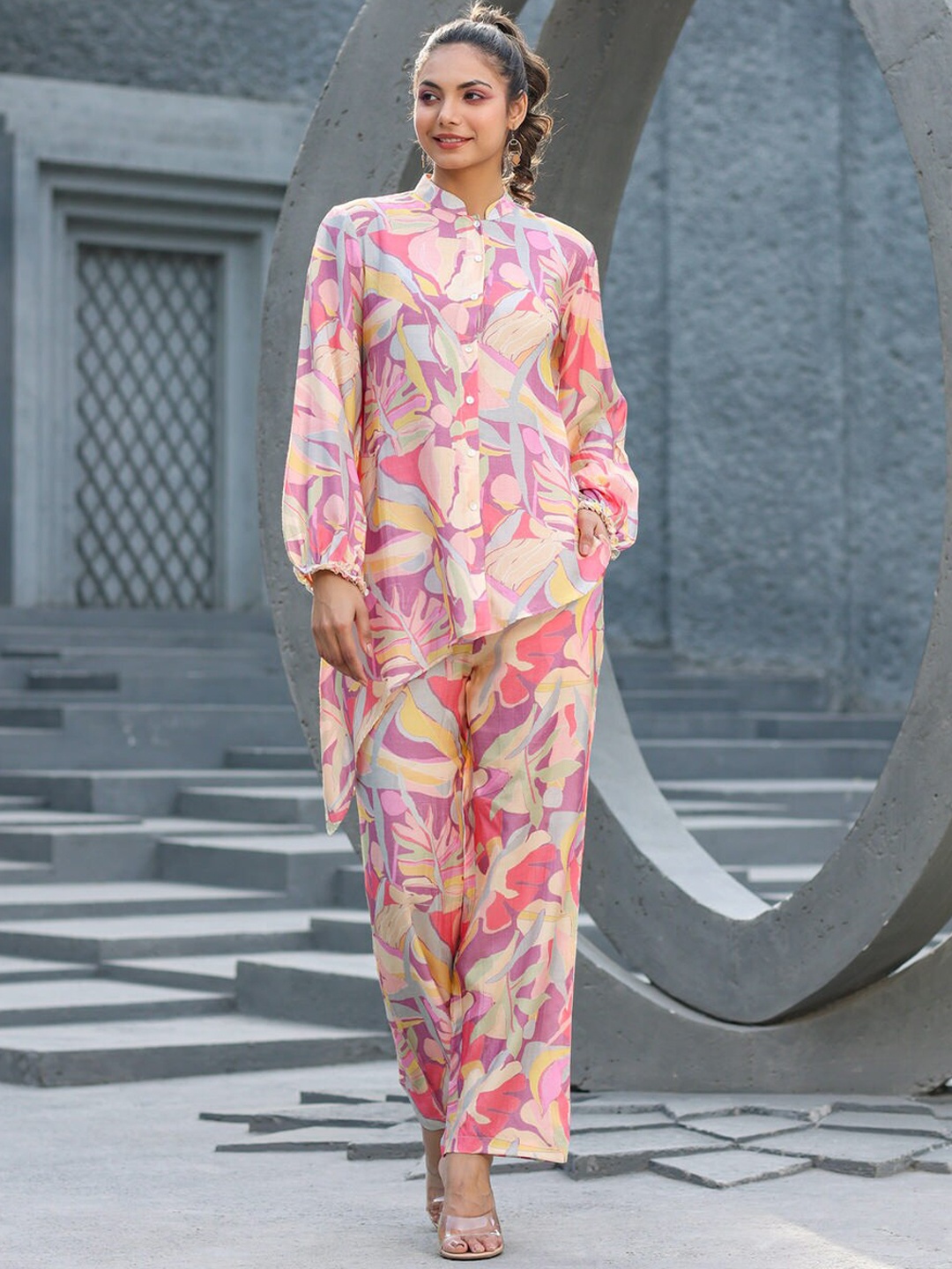 JISORA Printed Top With Trouser Co-Ords Set, Pink