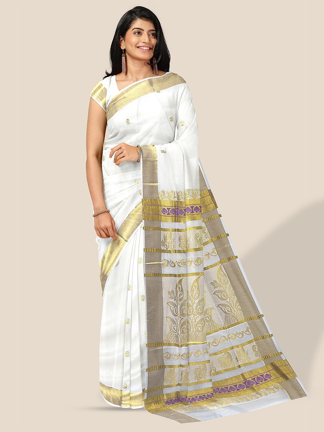 The Chennai Silks Ethnic Motif Woven Design Zari Pure Cotton Kasavu Saree, Off white
The Chennai Silks Ethnic Motif Woven Design Zari Pure Cotton Kasavu Saree, Off white
