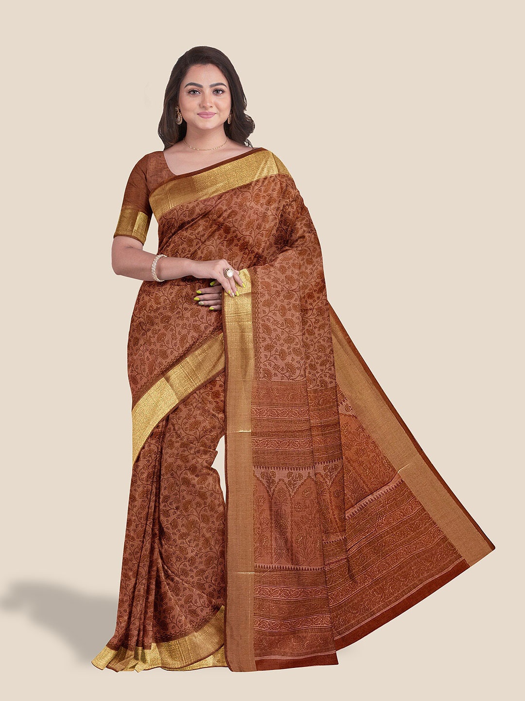 The Chennai Silks Floral Printed Pure Cotton Saree, Coral