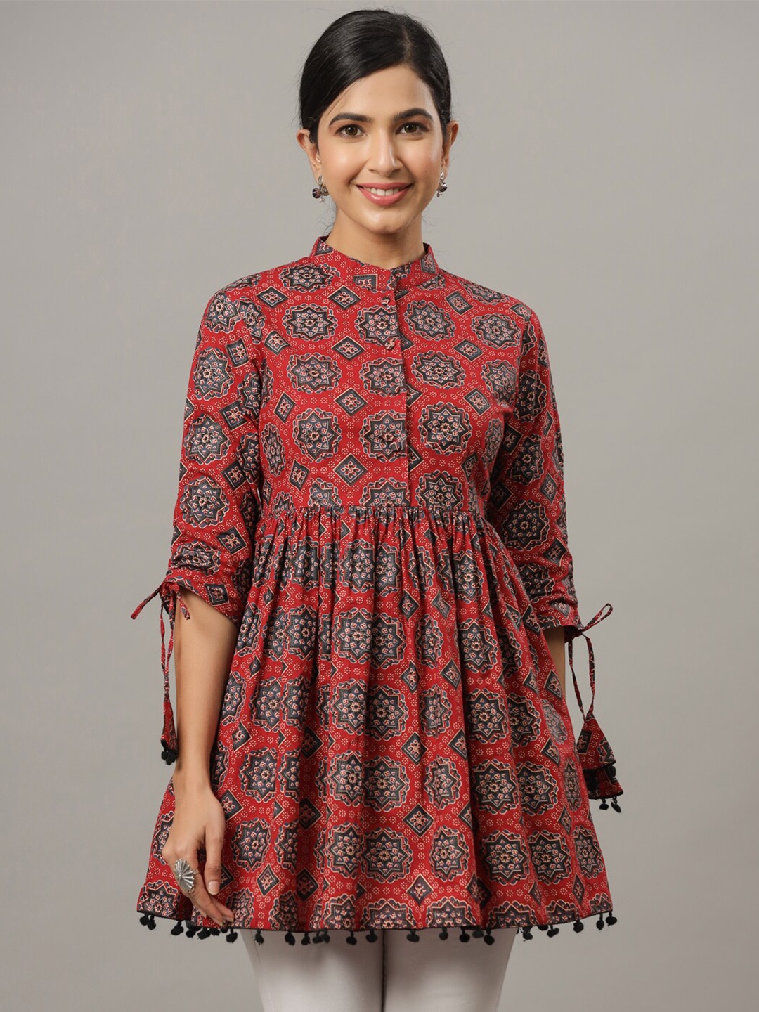 Indian Virasat Ethnic Motif Printed Mandarin Collar Empire Pure Cotton Longline Top, Red
Indian Virasat Ethnic Motif Printed Mandarin Collar Empire Pure Cotton Longline Top, Red