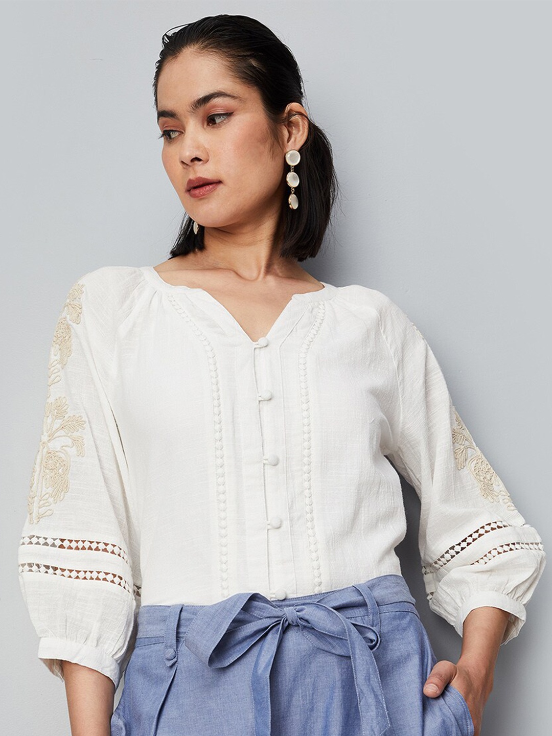 max Round Neck Three Quarter Sleeves Cotton Top, White