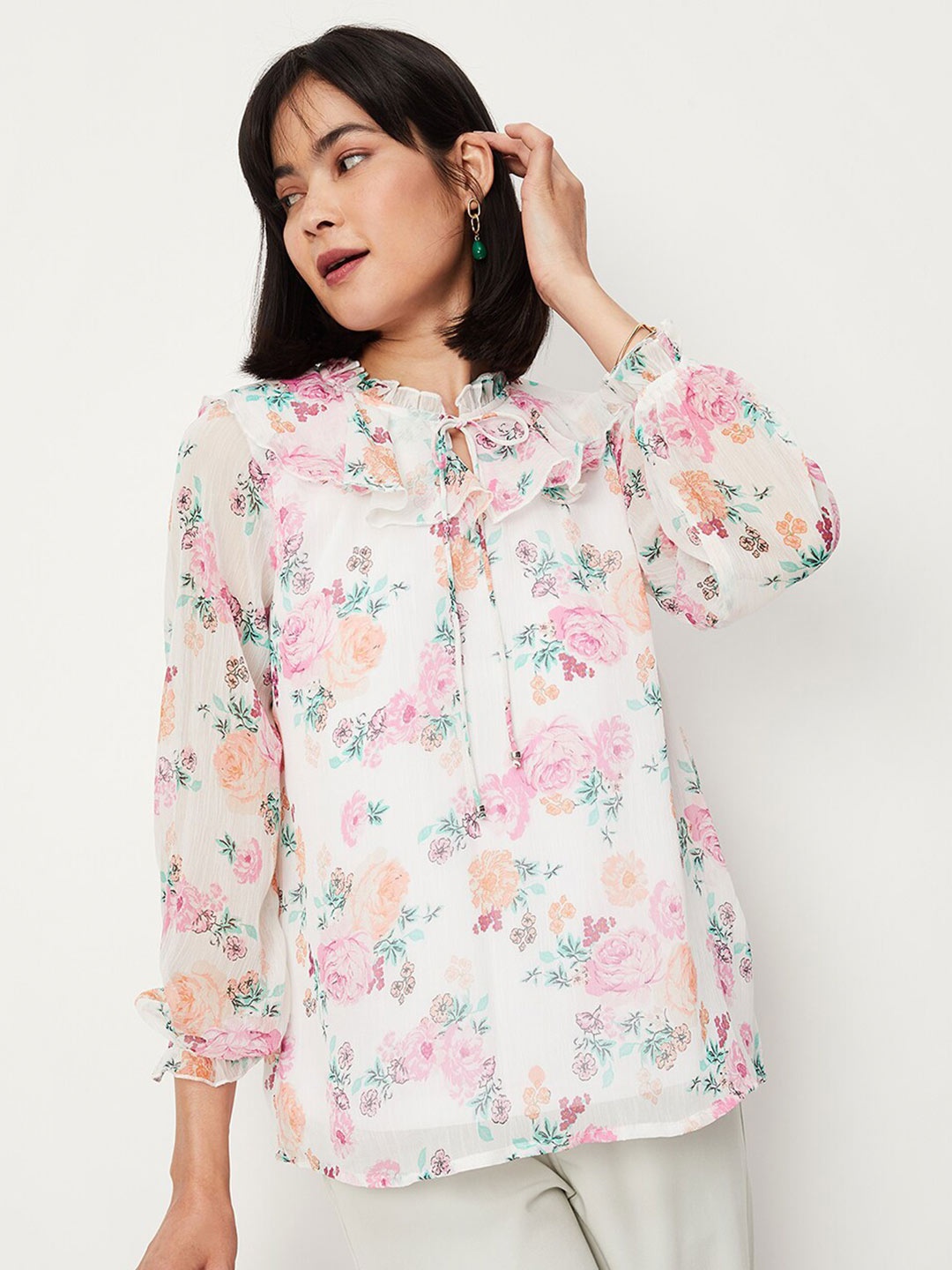 max Floral Printed Tie-Up Neck Ruffles Top, White