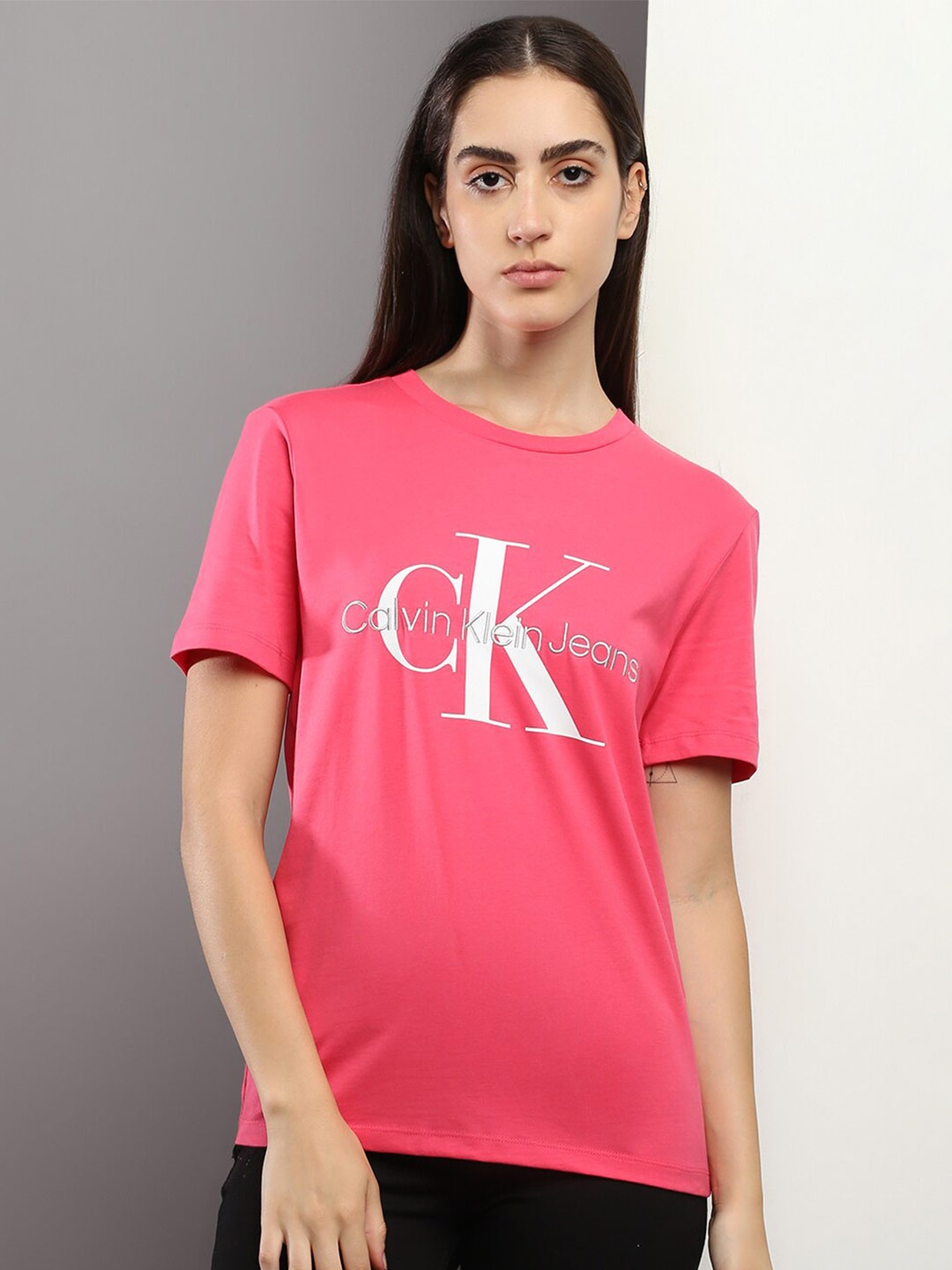 Calvin Klein Jeans Typography Printed Pure Cotton T-shirt, Pink