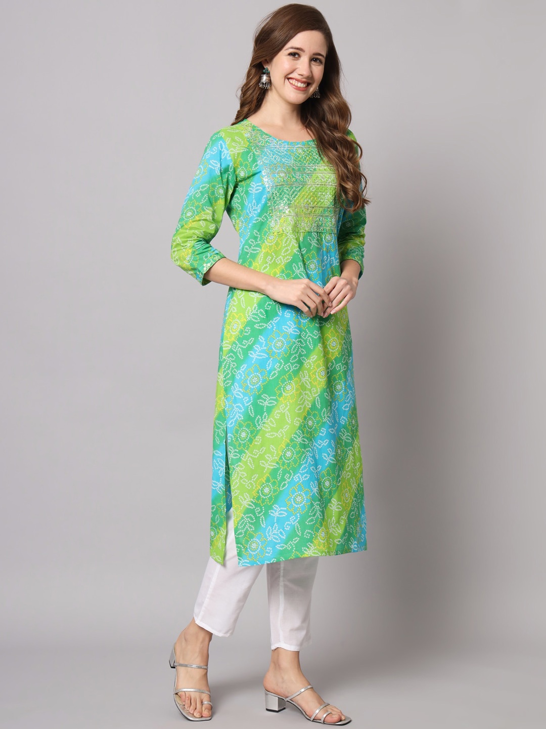 Vastralay Bandhani Printed Sequinned Pure Cotton Kurta with Trousers & Dupatta, Green
Vastralay Bandhani Printed Sequinned Pure Cotton Kurta with Trousers & Dupatta, Green