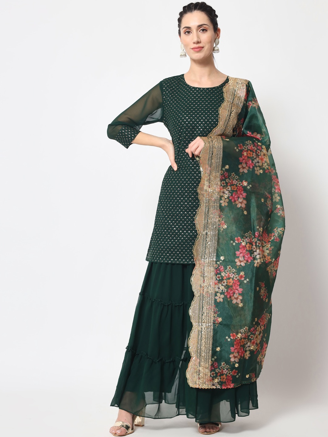 KALINI Floral Embroidered Sequined Kurti With Sharara & Dupatta, Green
KALINI Floral Embroidered Sequined Kurti With Sharara & Dupatta, Green