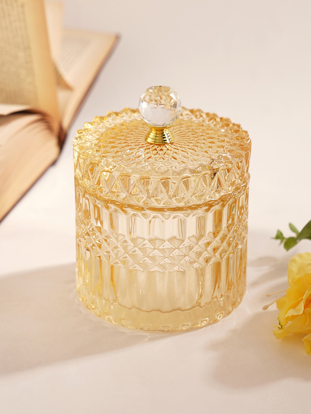 Pure Home and Living Yellow & Gold-Toned Diamond Textured Decorative Jar With Crystal Handle
Pure Home and Living Yellow & Gold-Toned Diamond Textured Decorative Jar With Crystal Handle