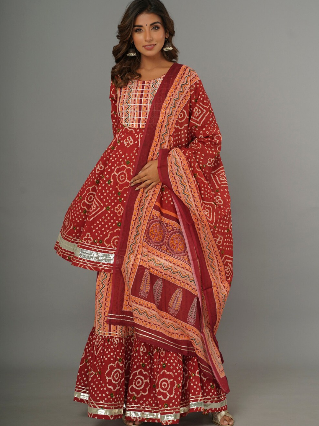 CRAFTED FOR YOU Bandhani Yoke Design Pure Cotton Kurta with Sharara & Dupatta, Maroon
CRAFTED FOR YOU Bandhani Yoke Design Pure Cotton Kurta with Sharara & Dupatta, Maroon