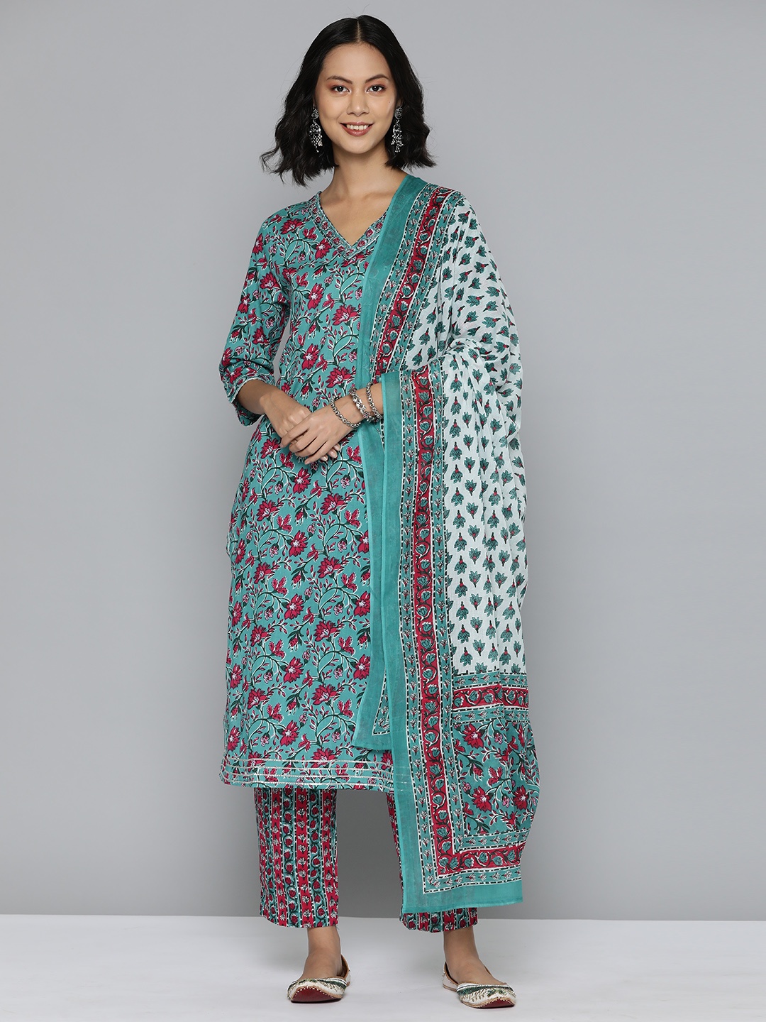HERE&NOW Women Ethnic Motifs Printed Pure Cotton Kurta with Trousers & Dupatta, Blue