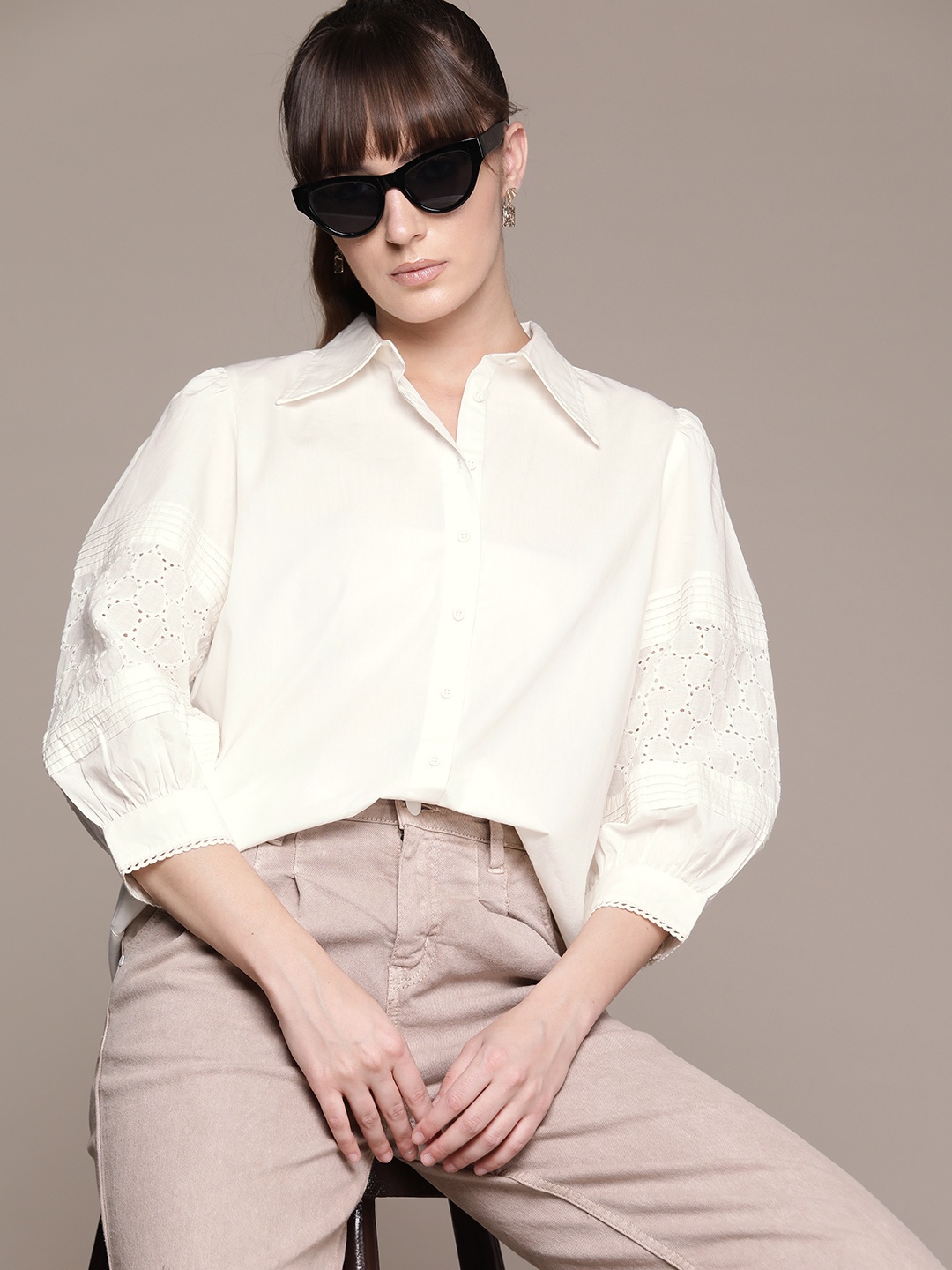 The Roadster Lifestyle Co. Pure Cotton Schiffli Detailed Puff Sleeves Casual Shirt, Off white
The Roadster Lifestyle Co. Pure Cotton Schiffli Detailed Puff Sleeves Casual Shirt, Off white