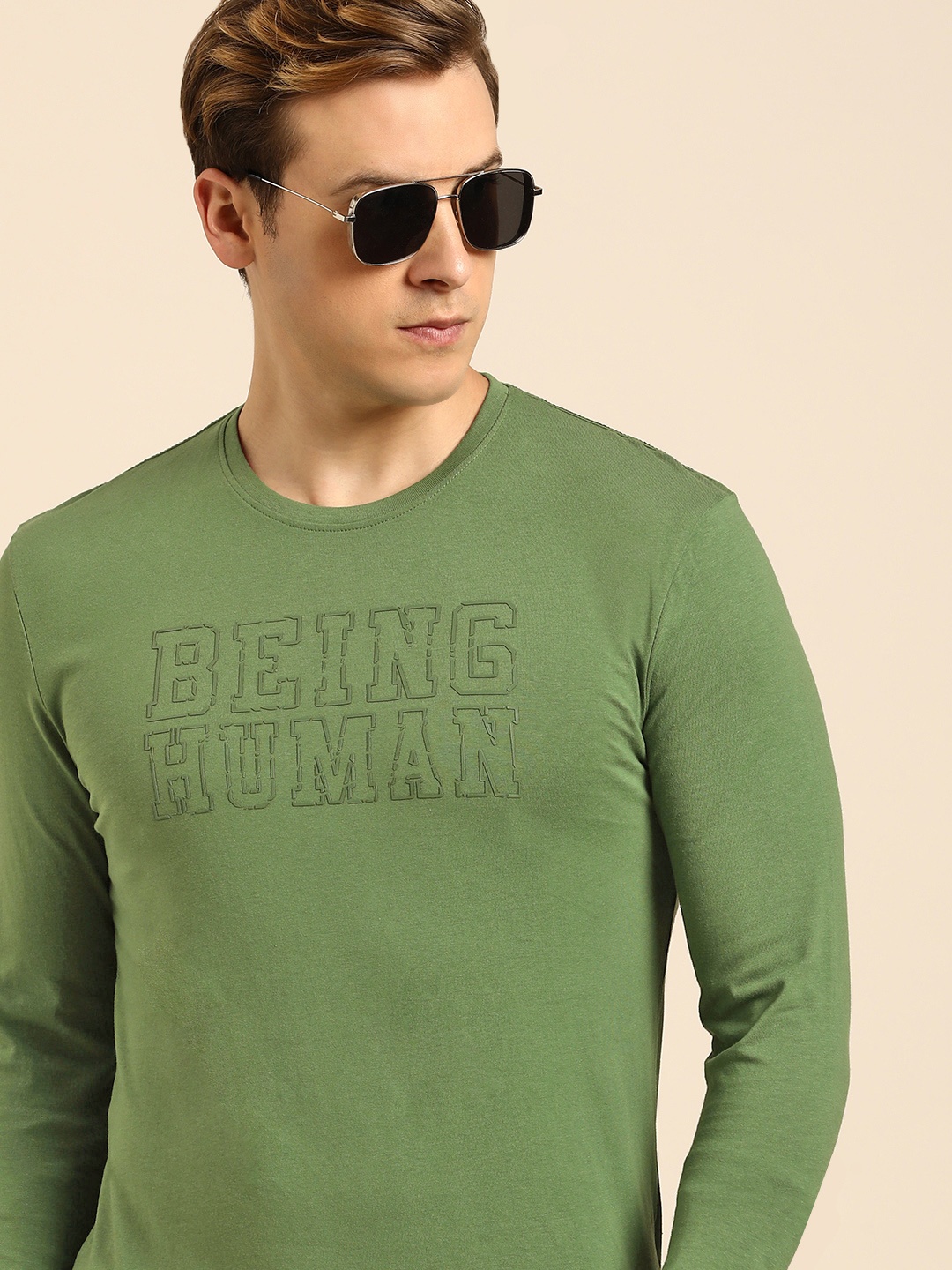 Being Human Brand Logo Pure Cotton Applique T-shirt, Olive