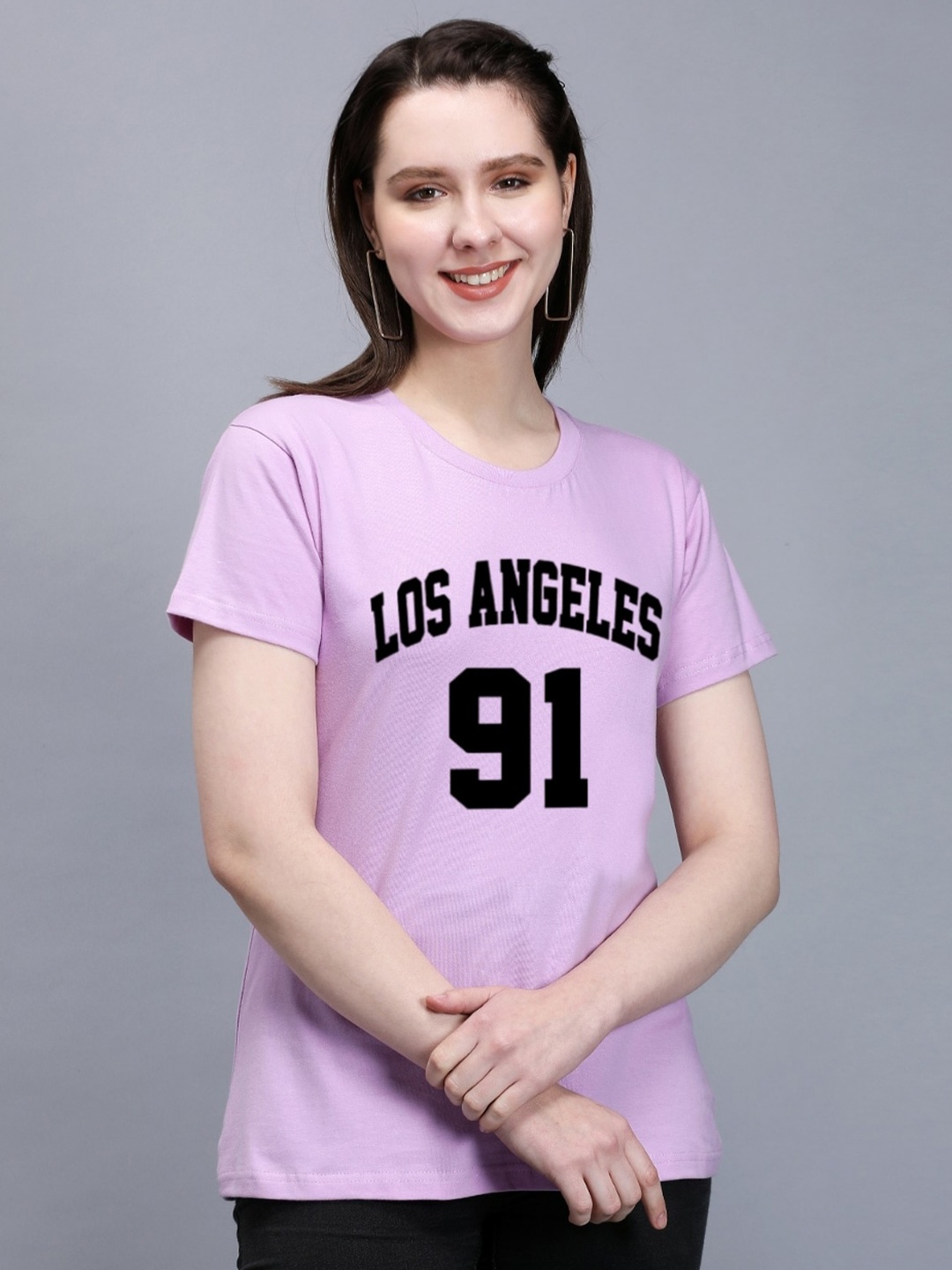 TRENDY RABBIT Typography Printed Cotton T-shirt, Lavender