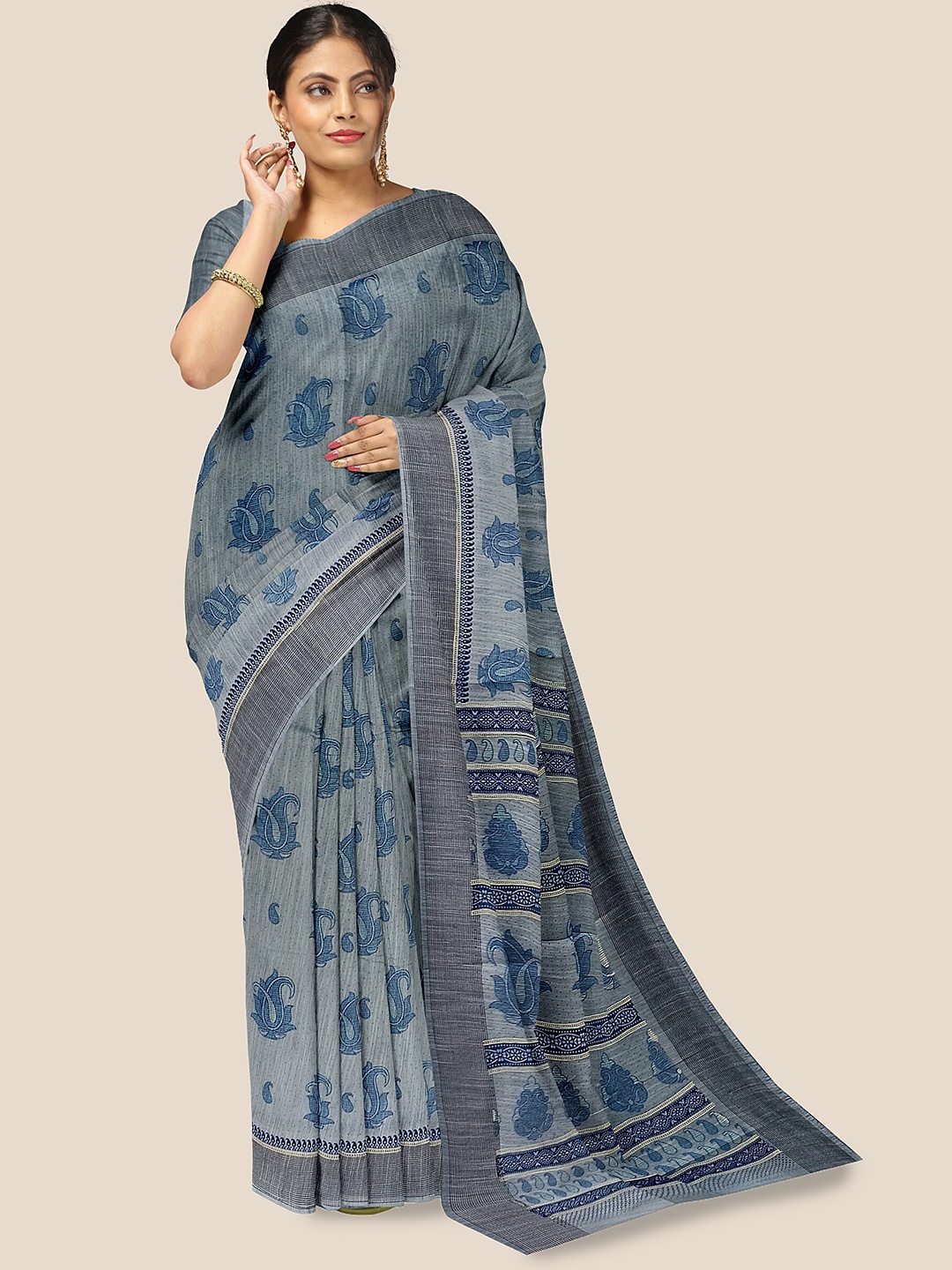 The Chennai Silks Paisley Printed Pure Cotton Saree, Blue