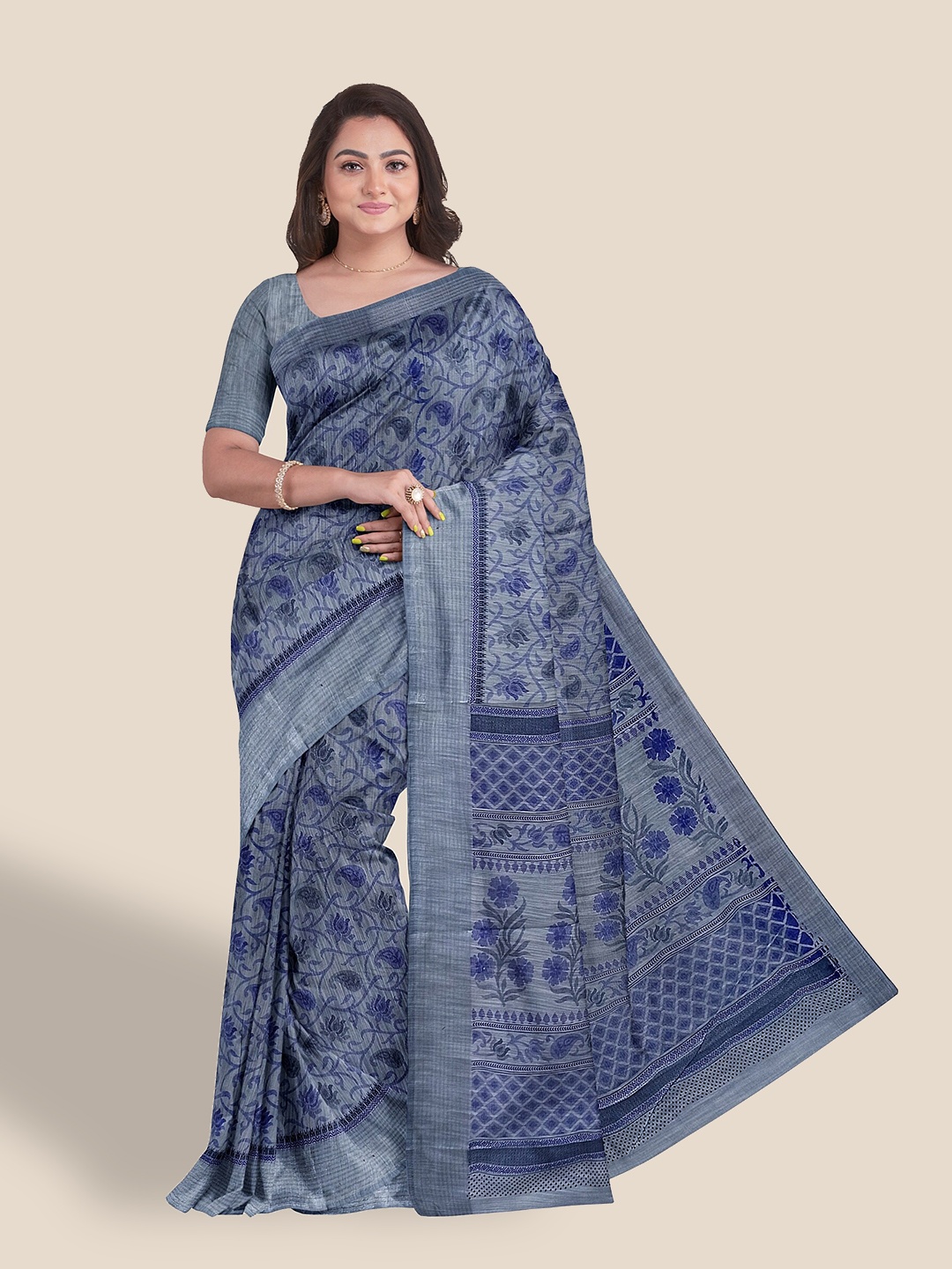 The Chennai Silks Floral Printed Pure Cotton Saree, Grey