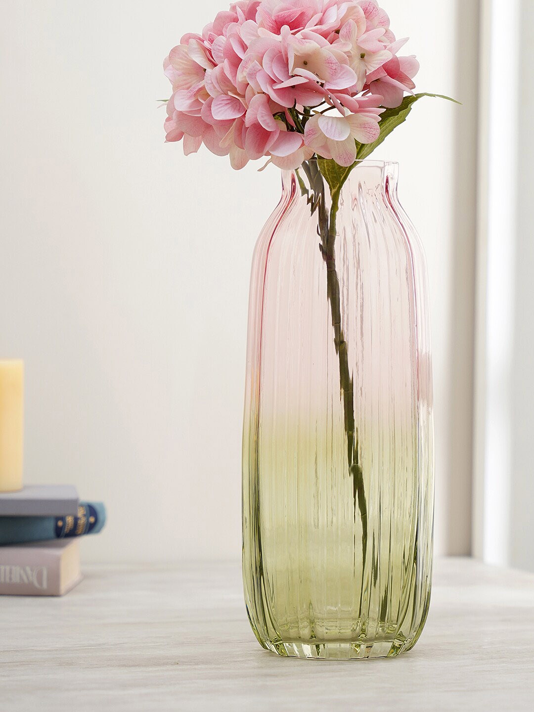 Pure Home and Living Pink & Green Ombre Ribbed Glass Vase