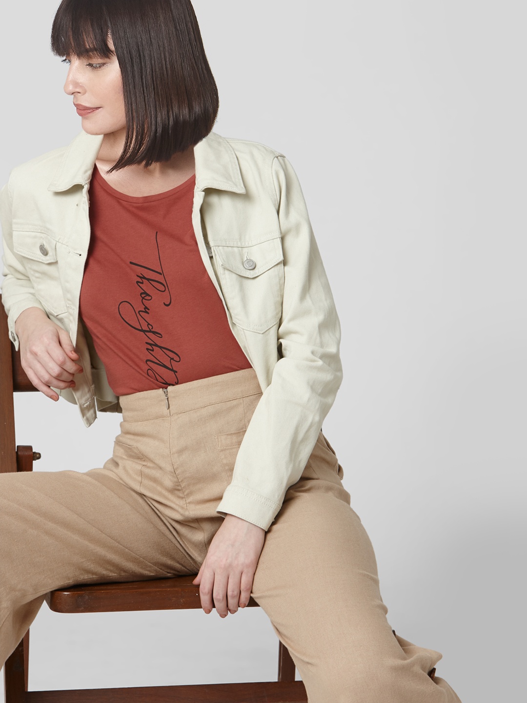 Vero Moda Typography Printed Cotton T-shirt, Brown