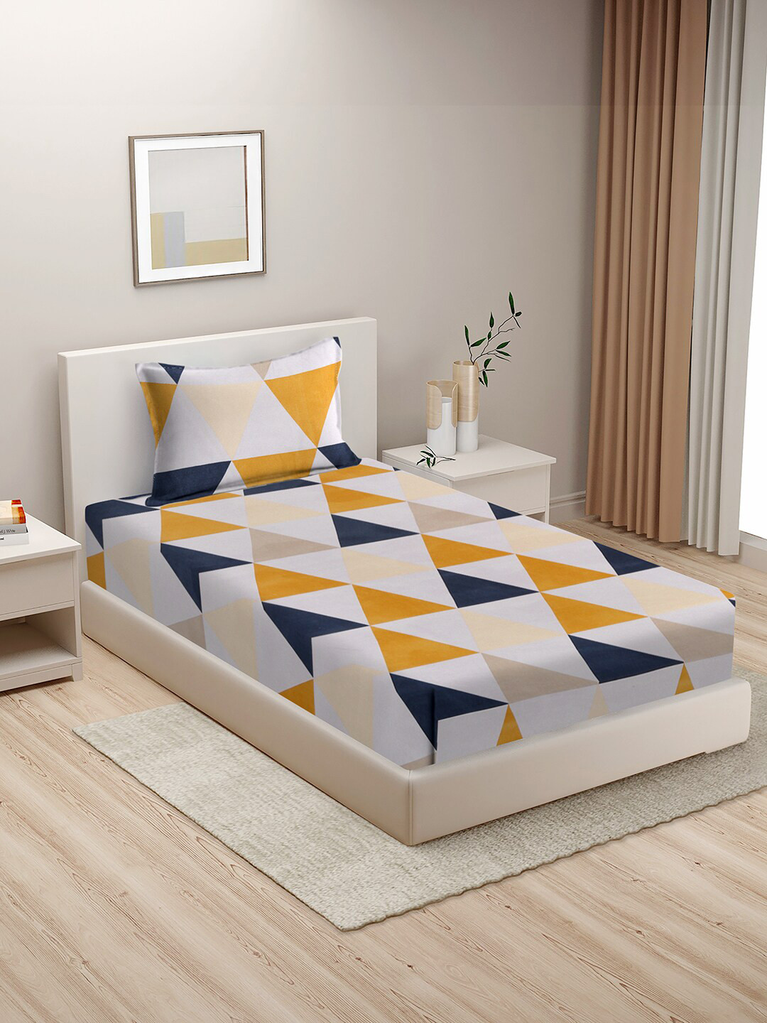 HOSTA HOMES White & Blue Geometric 210 TC Cotton Single Bedsheet with 1 Pillow Cover
HOSTA HOMES White & Blue Geometric 210 TC Cotton Single Bedsheet with 1 Pillow Cover