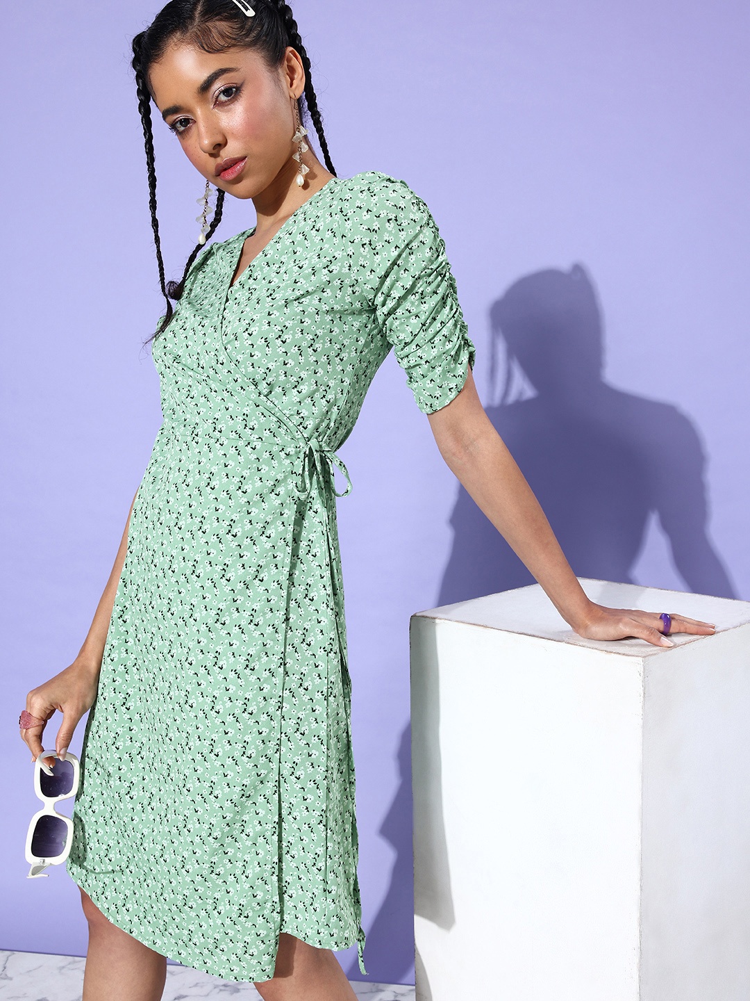 ANVI Be Yourself Floral Printed Crepe Wrap Dress, Green