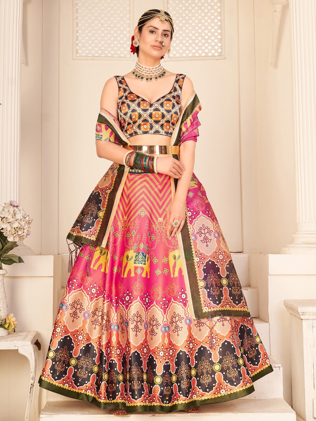 ODETTE Printed Semi-Stitched Lehenga & Unstitched Blouse With Dupatta, Pink