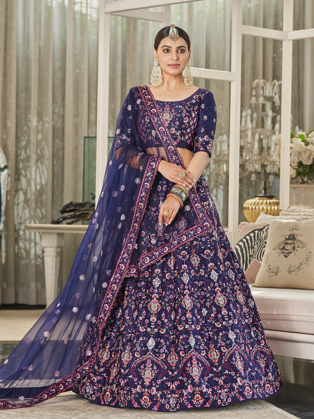 ODETTE Embroidered Semi-Stitched Lehenga & Unstitched Blouse With Dupatta, Navy blue
ODETTE Embroidered Semi-Stitched Lehenga & Unstitched Blouse With Dupatta, Navy blue