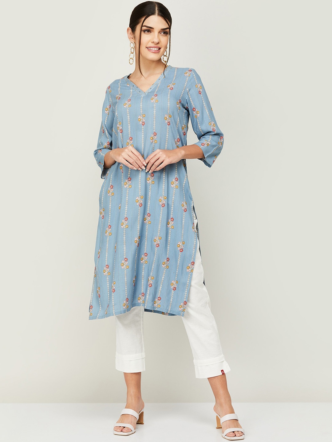 Melange by Lifestyle V-Neck Floral Printed Straight Kurta, Blue