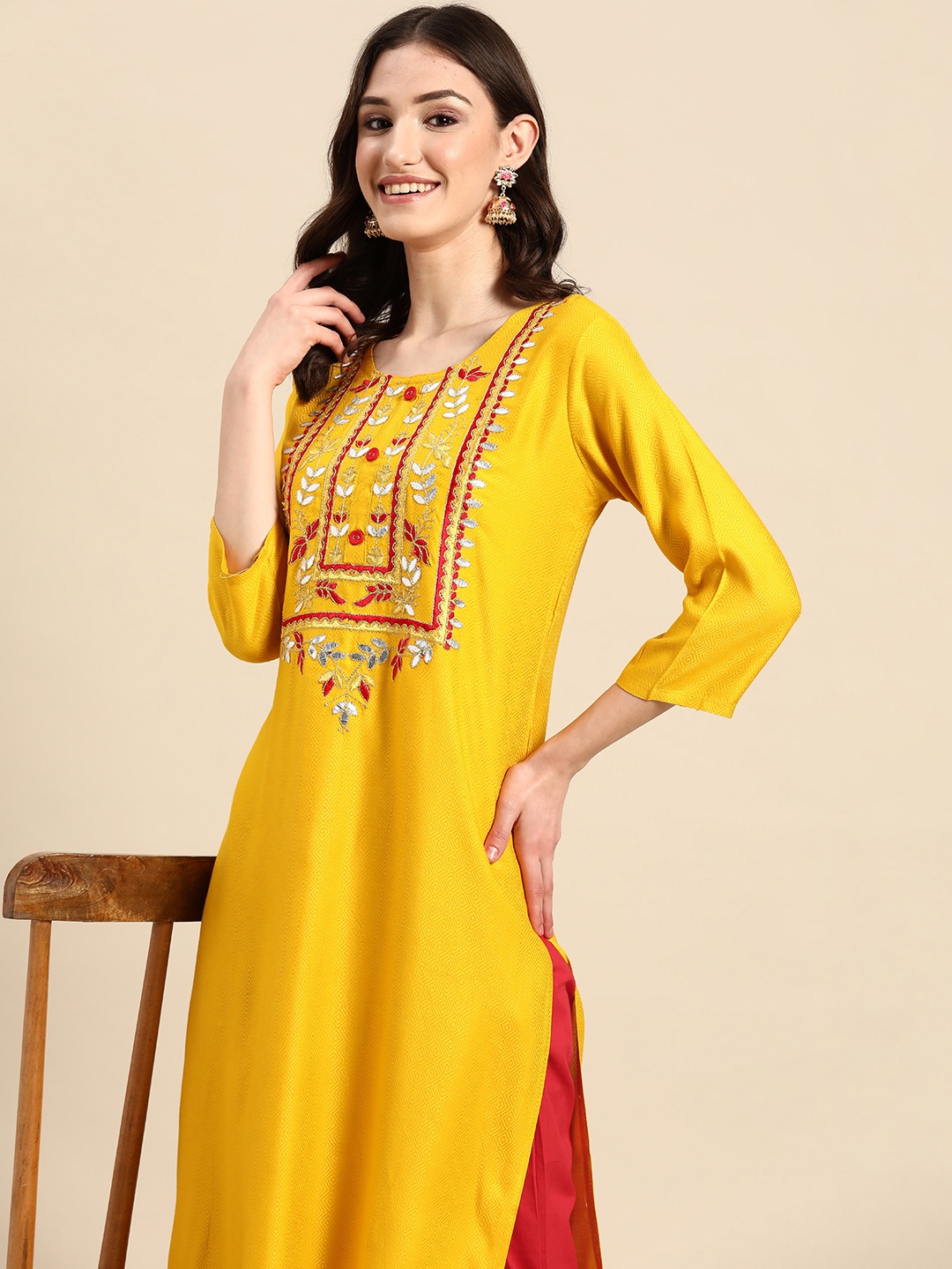 Sangria Floral Embroidered Gota Patti Thread Work Chikankari Kurta with Trousers, Yellow
Sangria Floral Embroidered Gota Patti Thread Work Chikankari Kurta with Trousers, Yellow