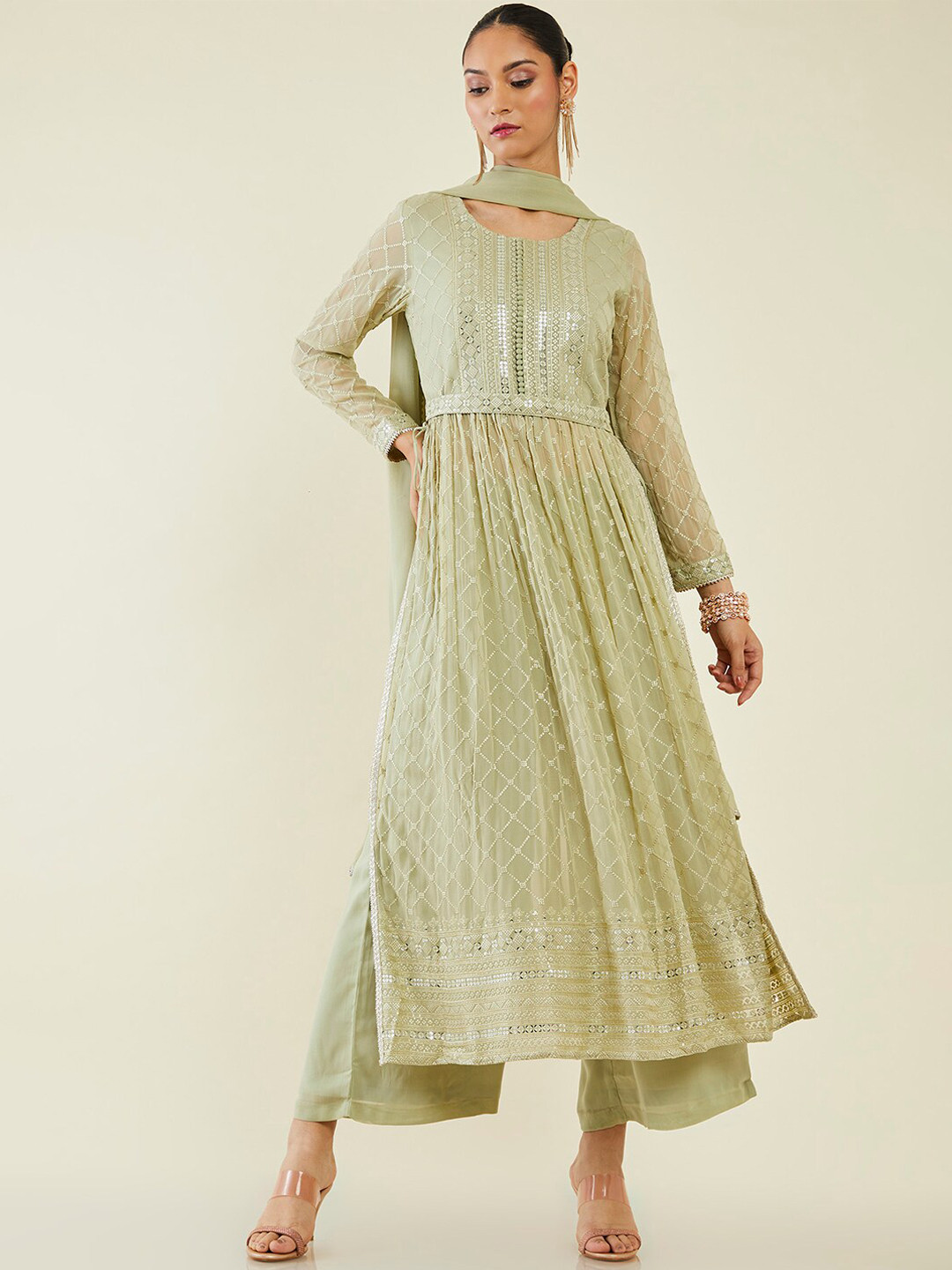 Soch Embellished Sequinned Round Neck Kurta with Palazzos & Dupatta Comes With Belt, Green
Soch Embellished Sequinned Round Neck Kurta with Palazzos & Dupatta Comes With Belt, Green