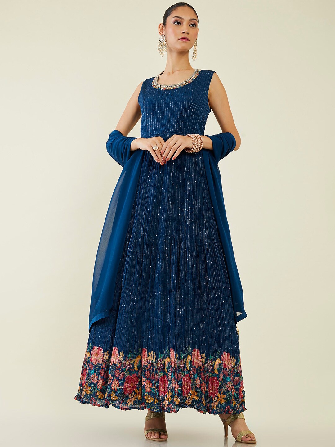 Soch Sequined Embellished Embroidered Anarkali Kurta with Churidar & Dupatta, Navy blue
Soch Sequined Embellished Embroidered Anarkali Kurta with Churidar & Dupatta, Navy blue