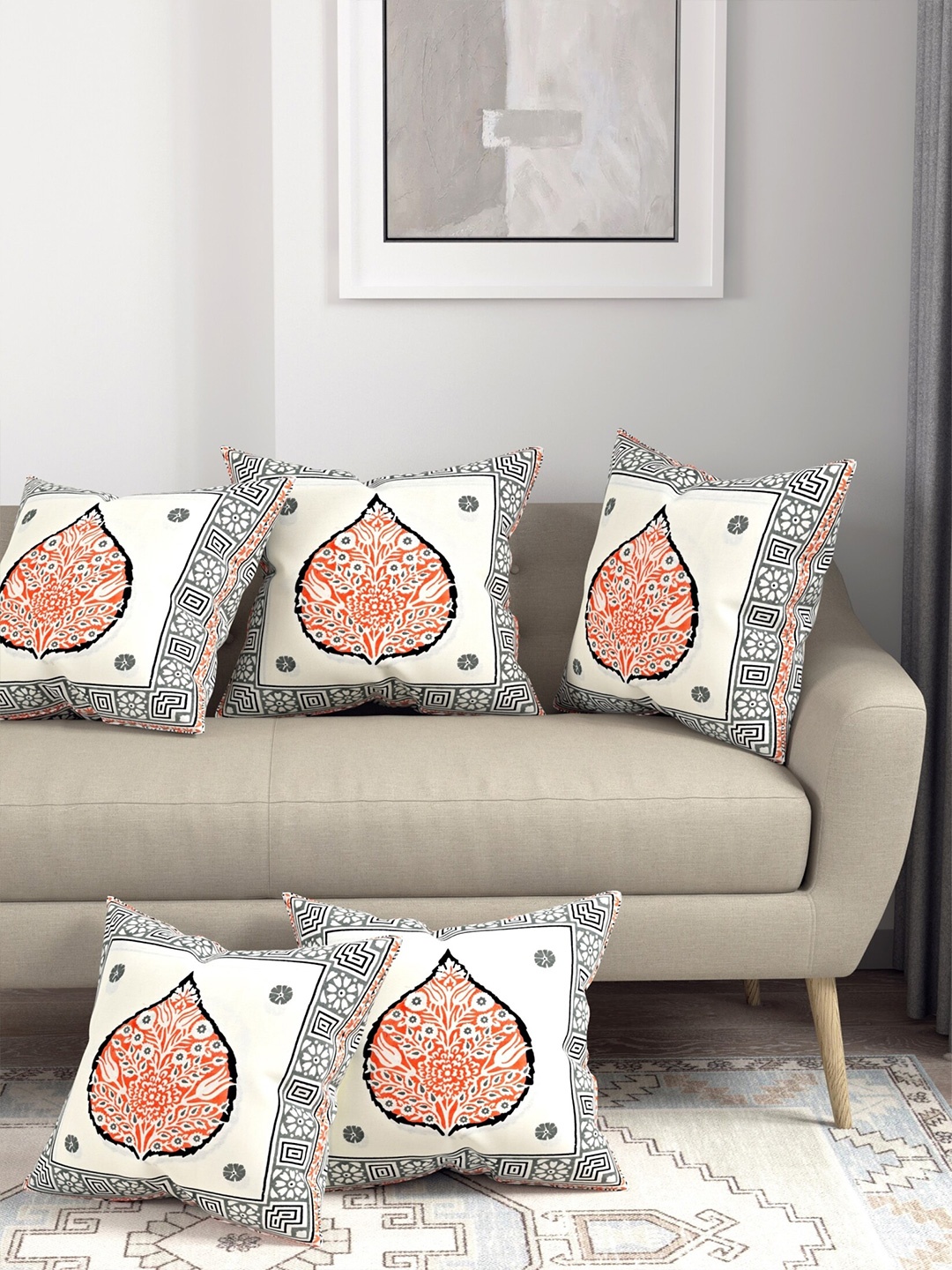 Salona Bichona Jaipuri Peach & Grey 5 Pcs Ethnic Motifs Print Cotton Square Cushion Covers
Salona Bichona Jaipuri Peach & Grey 5 Pcs Ethnic Motifs Print Cotton Square Cushion Covers