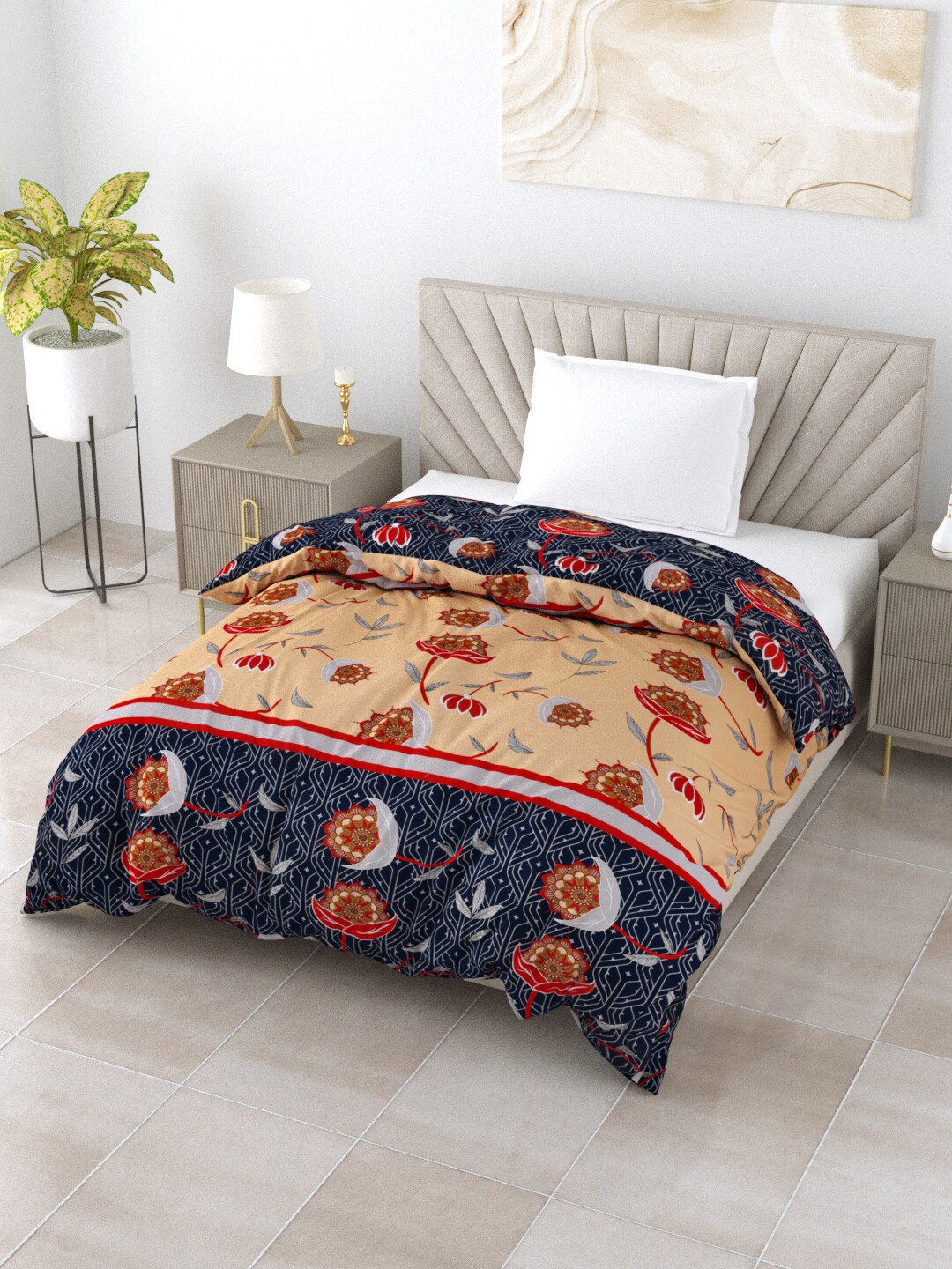 Salona Bichona Gulmohar Beige & Blue Mild Winter 120 GSM Cotton Single Bed Comforter
Salona Bichona Gulmohar Beige & Blue Mild Winter 120 GSM Cotton Single Bed Comforter