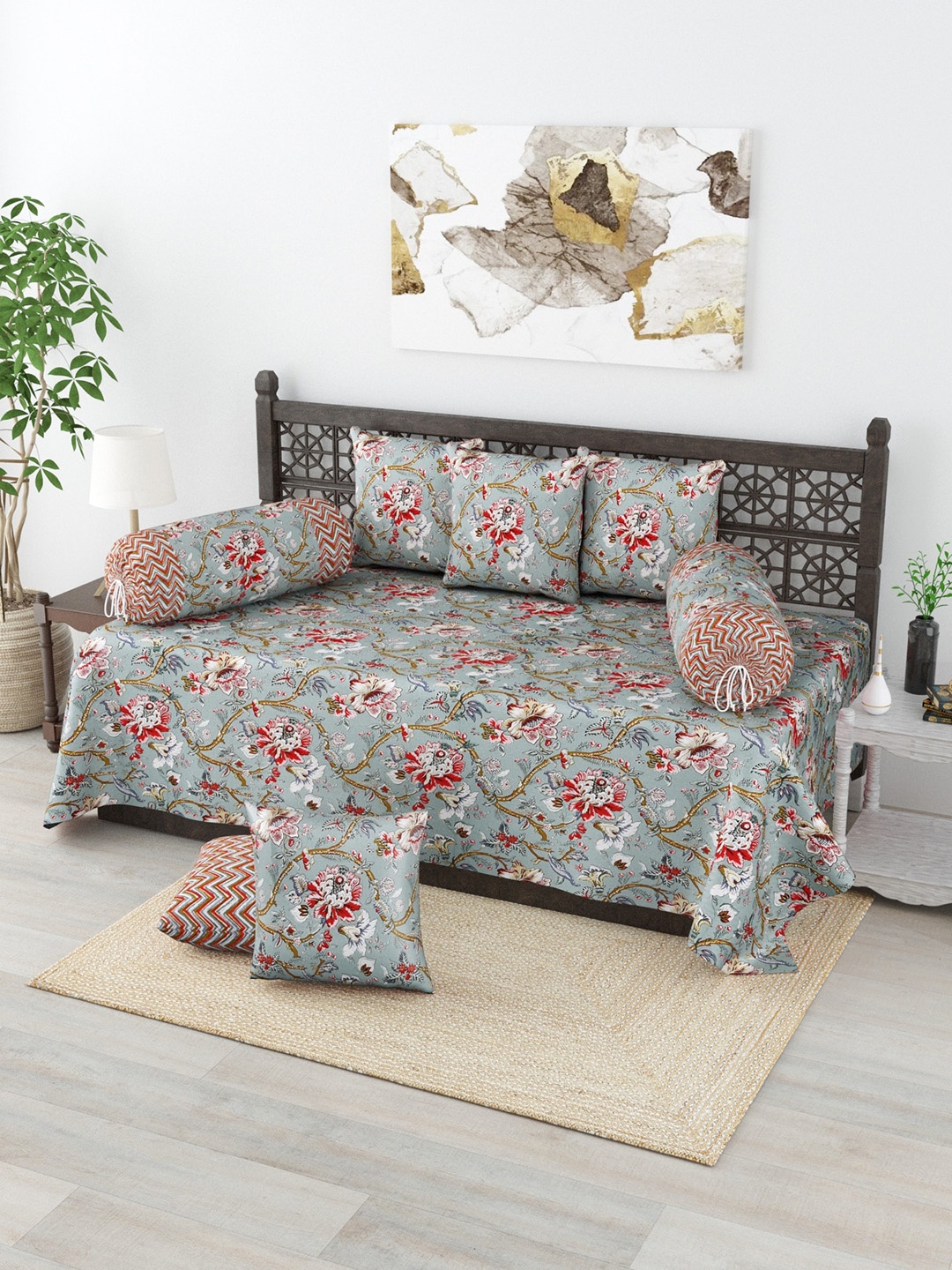 Salona Bichona Turquoise Blue & Red 8 Pcs Floral Printed 120 TC Pure Cotton Diwan Set
Salona Bichona Turquoise Blue & Red 8 Pcs Floral Printed 120 TC Pure Cotton Diwan Set