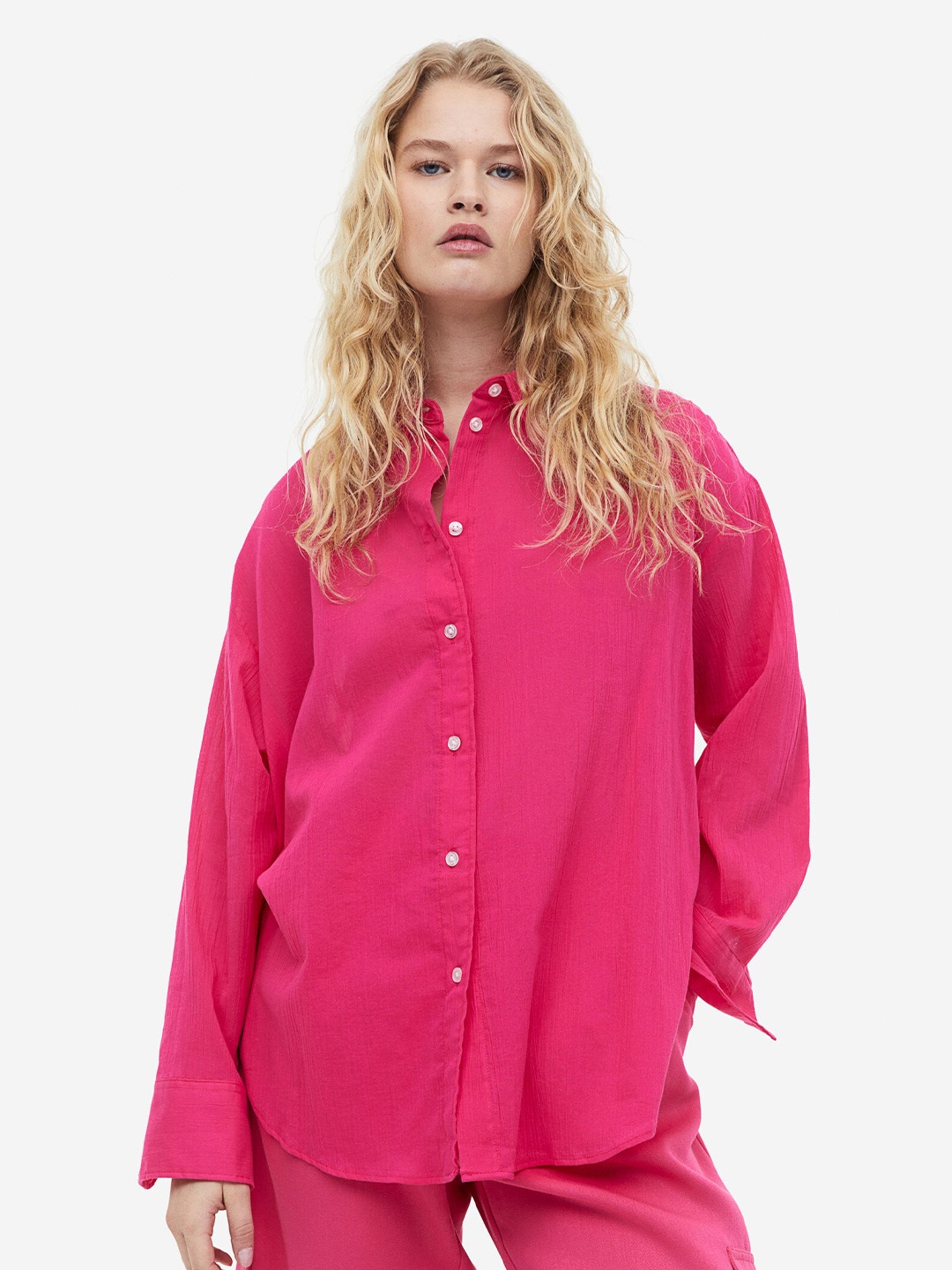 H&M Women Oversized Crinkled Shirt, Pink