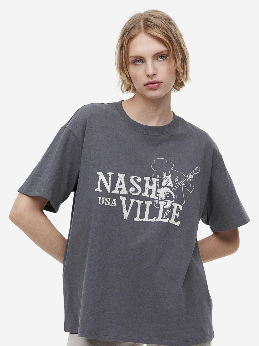 H&M Oversized Printed T-Shirt, Grey