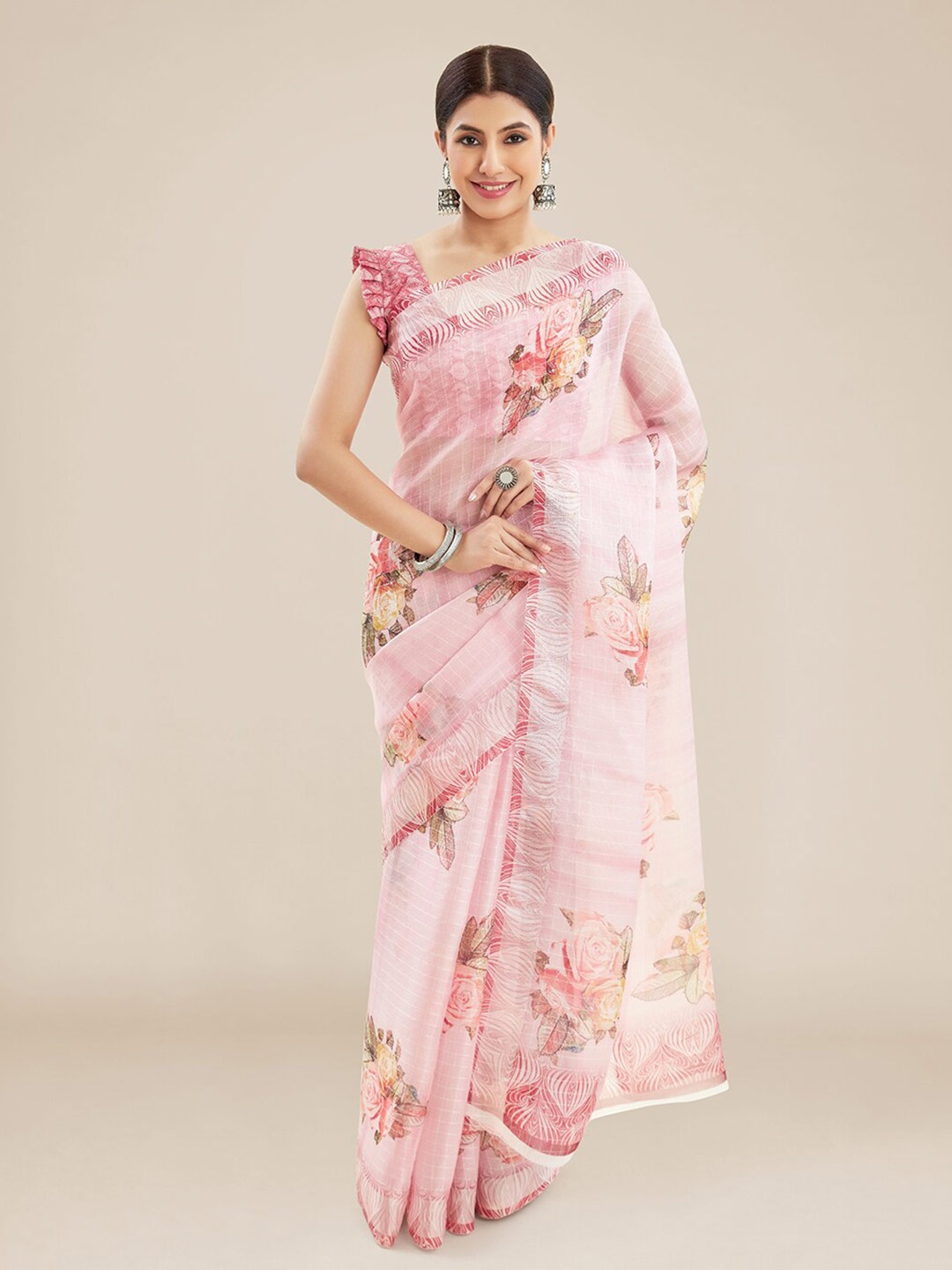 Kalyan Silks Floral Printed Pure Georgette Kota Saree, Pink