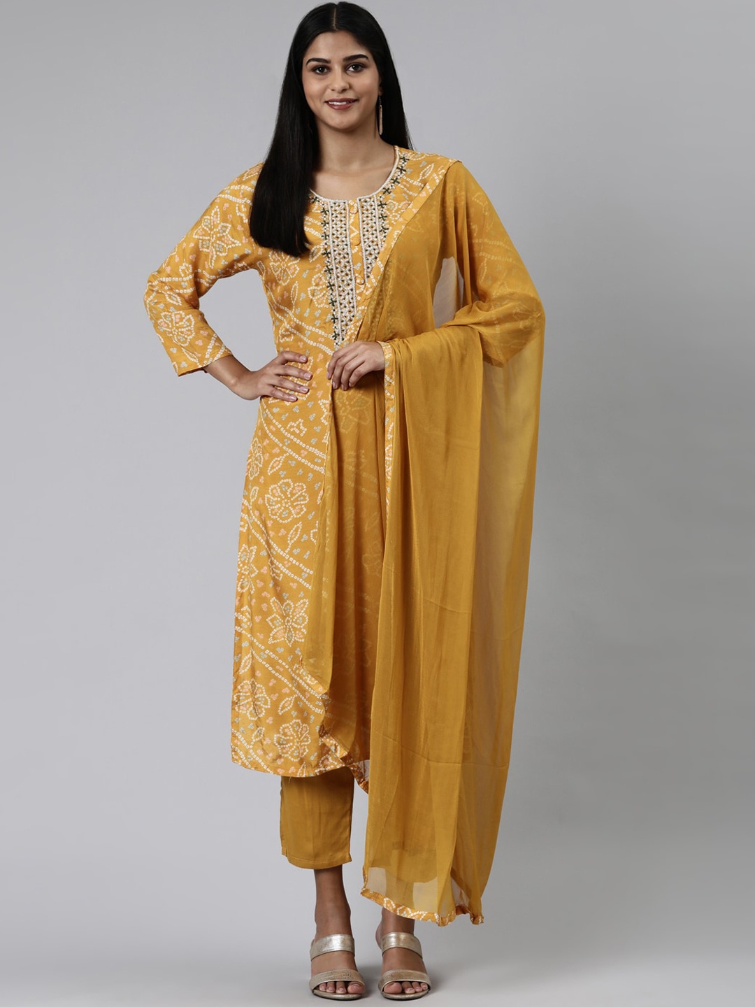 Neerus Ethnic Motifs Printed Kurta with Trousers & With Dupatta, Mustard