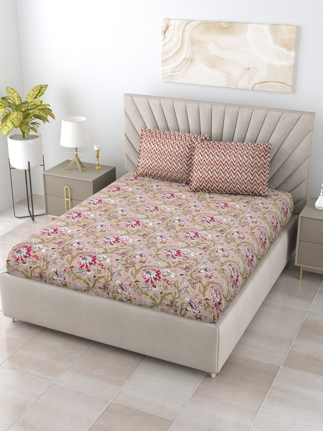 Salona Bichona Unique Beige & Pink Floral 120 TC Cotton Queen Bedsheet & 2 Pillow Covers
Salona Bichona Unique Beige & Pink Floral 120 TC Cotton Queen Bedsheet & 2 Pillow Covers