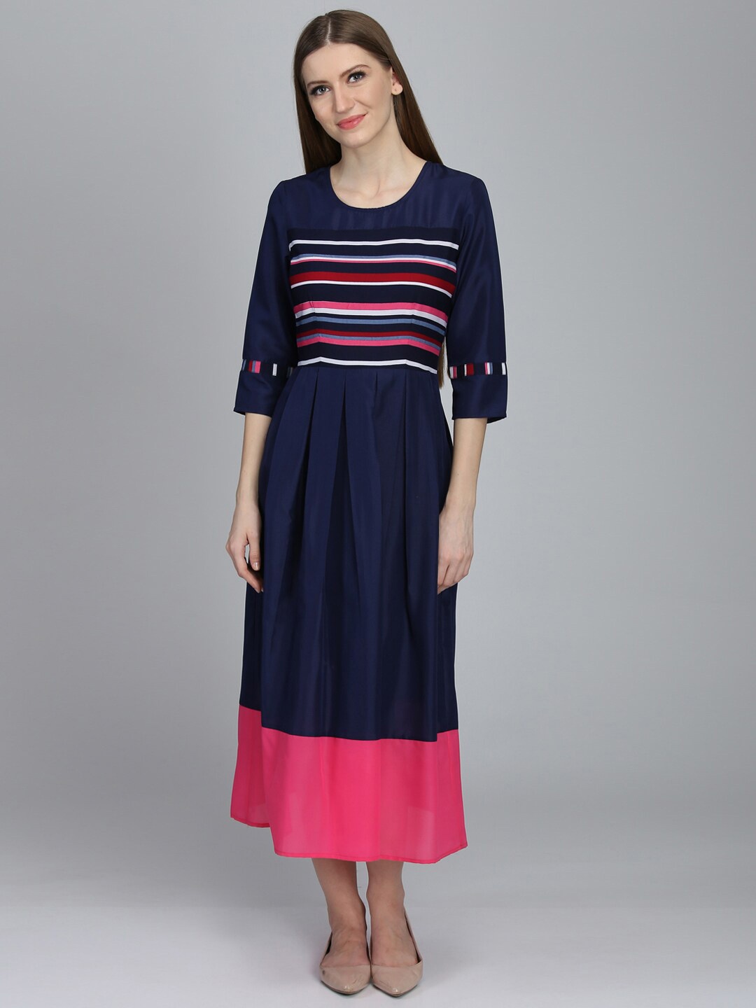 DODO & MOA Round Neck Midi Dress, Navy blue