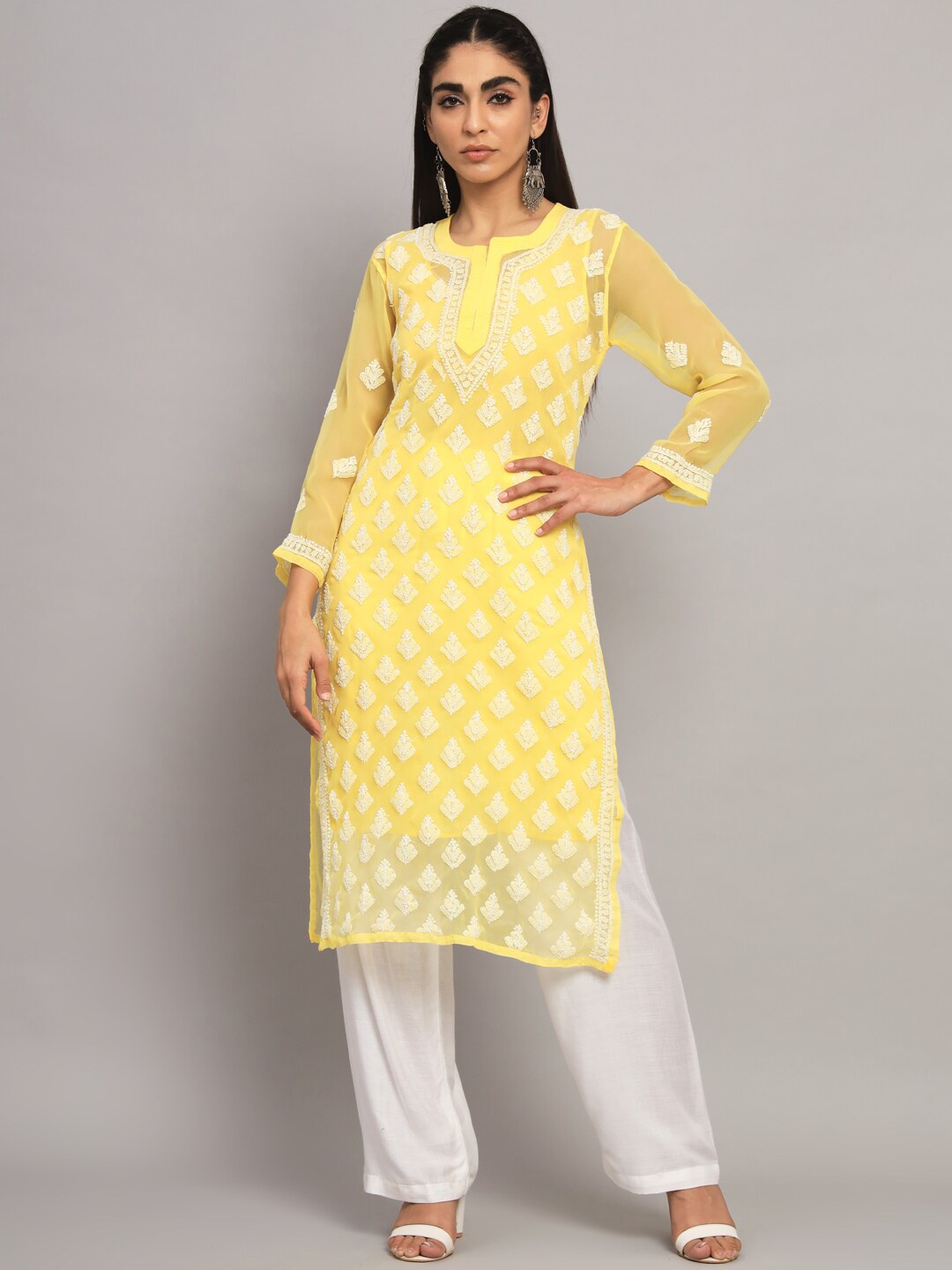 PARAMOUNT CHIKAN Ethnic Motif Embroidered Chikankari Georgette Kurta With Slip, Yellow
PARAMOUNT CHIKAN Ethnic Motif Embroidered Chikankari Georgette Kurta With Slip, Yellow