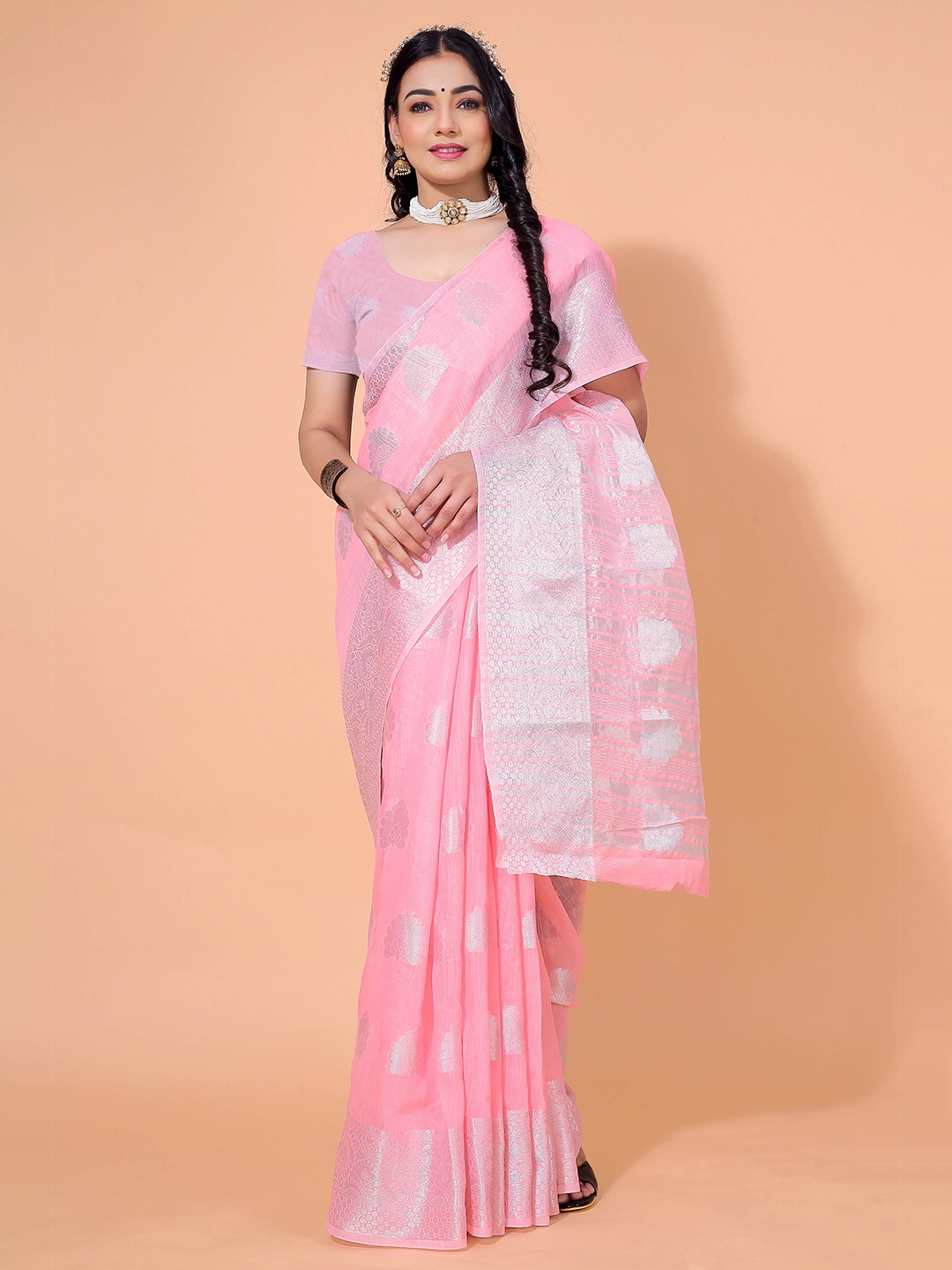 SHAIBO SAREE Floral Woven Design Zari Saree, Pink