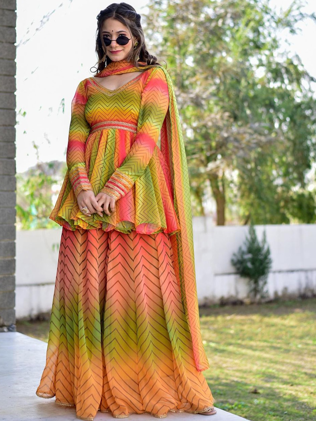 Trendz Style Chevron Printed Gotta Patti Anarkali Kurta with Sharara & Dupatta, Green
Trendz Style Chevron Printed Gotta Patti Anarkali Kurta with Sharara & Dupatta, Green